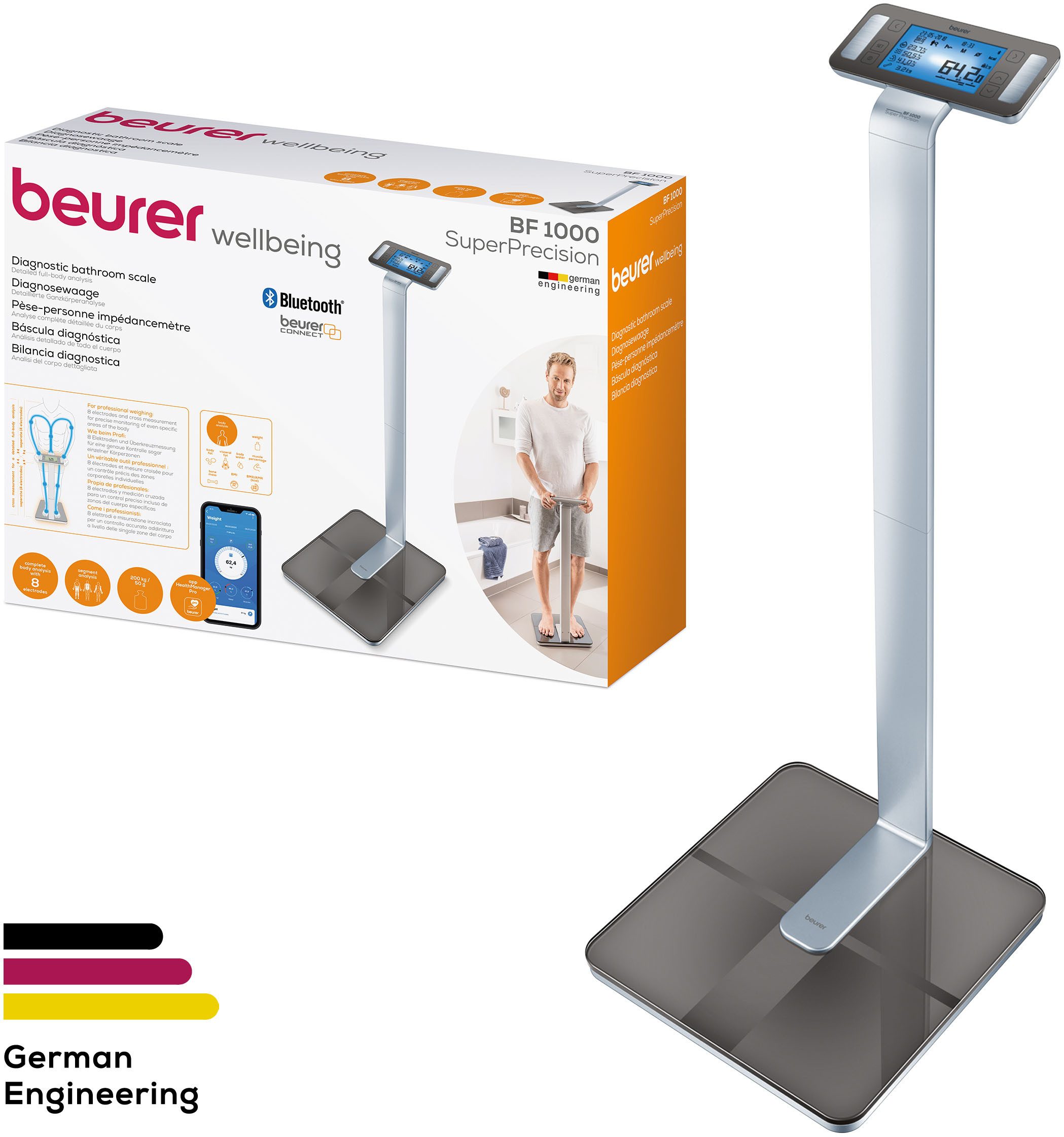 BEURER Körper-Analyse-Waage BF 1000 zur Überkreuzmessung mit 8 Elektroden zur Ganzkörperanalyse, Messung von Viszeralfett, Körperfett, Muskelanteil, Knochenmasse etc.