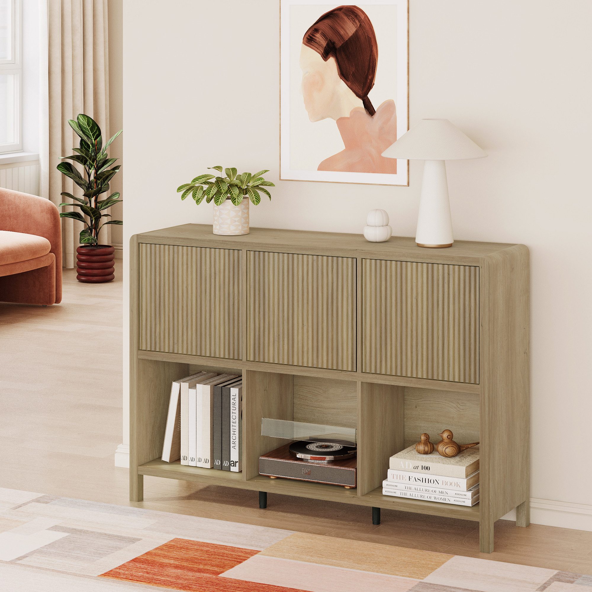 en.casa Sideboard, »Lukkodso« mit 3 Türen, 6 Fächern 77x110x30 cm Eicheoptik, rustikal