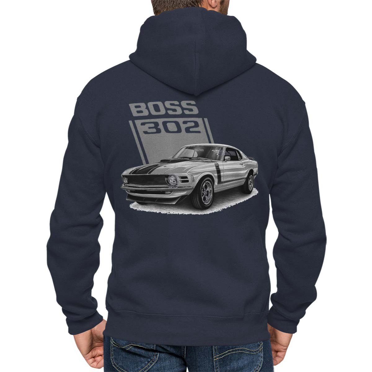 Rebel On Wheels Kapuzensweatjacke Kapuzenjacke Zip Hoodie Grey Muscle Car 302 mit Auto / US-Car Motiv Blau