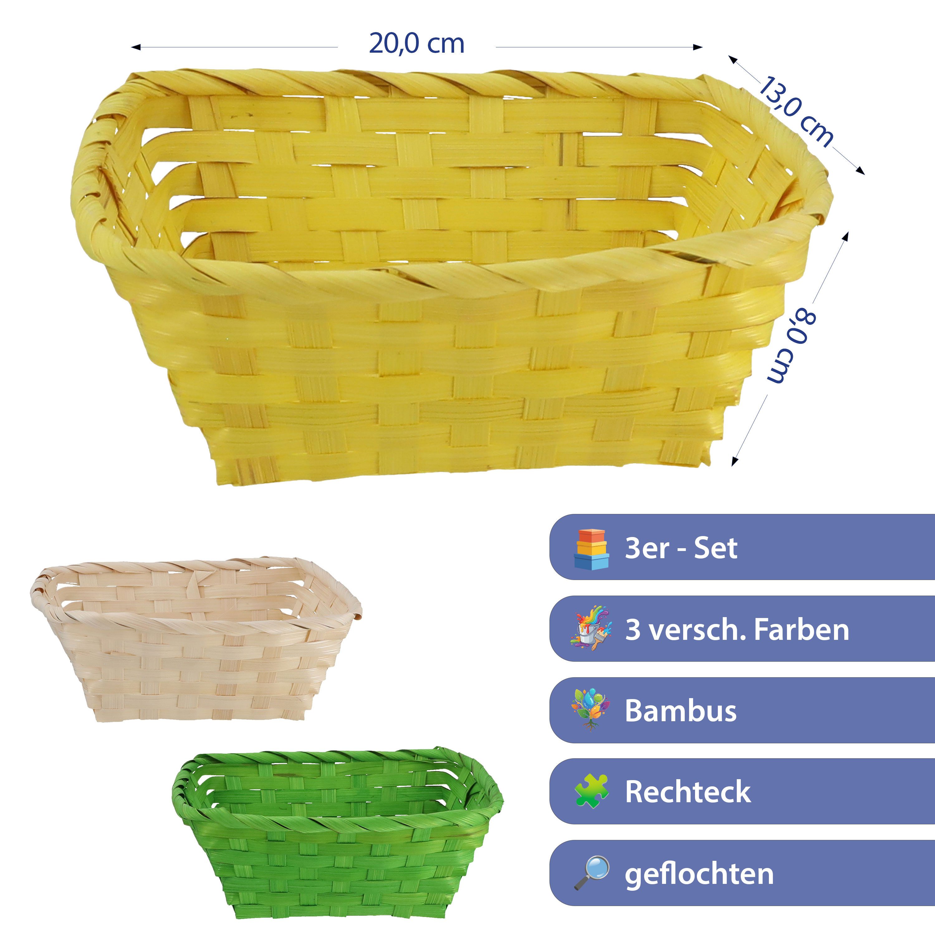 CEPEWA Osternest Osterkorb 3er Set rechteckig natur grün gelb Bambus 20x8x13cm Ostern