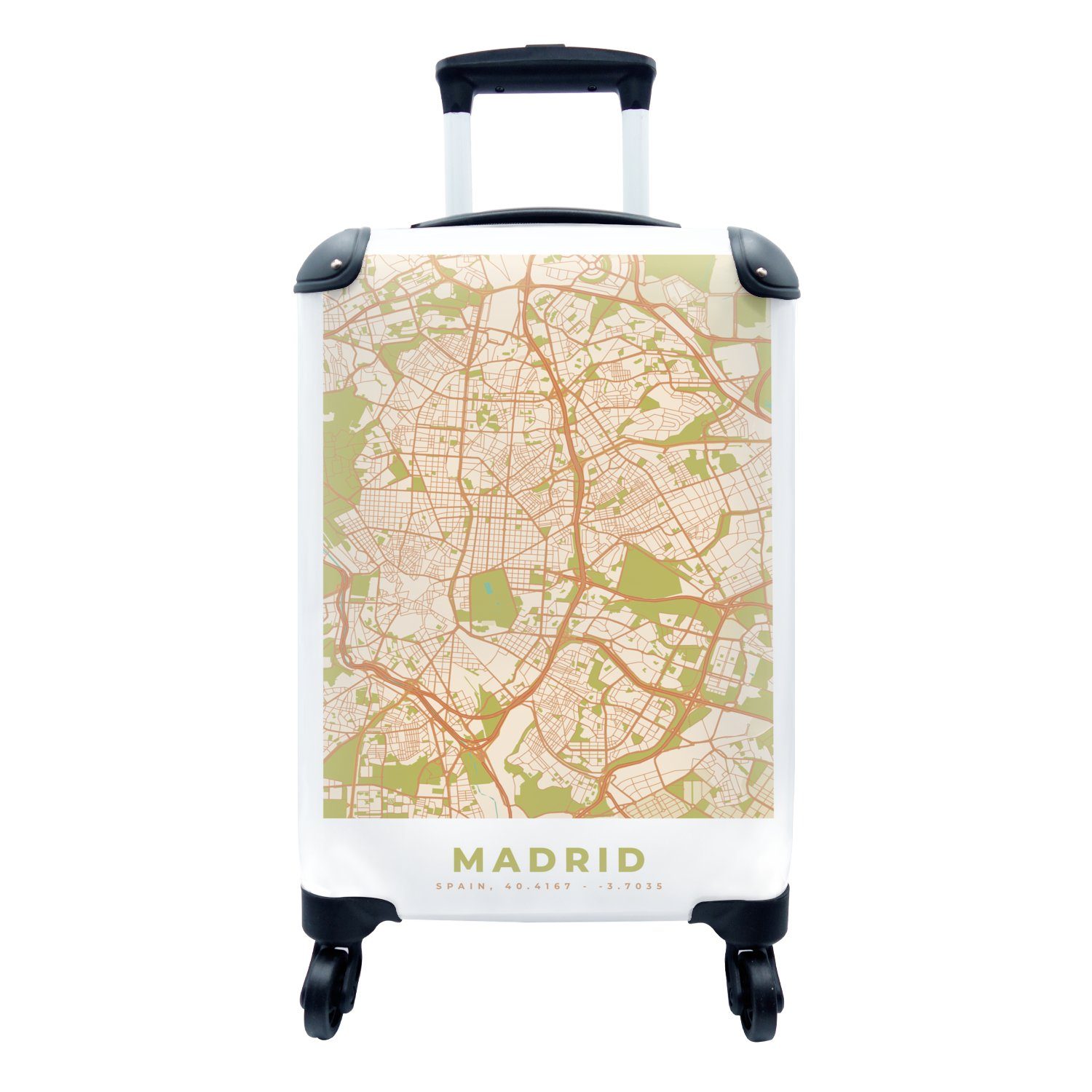 MuchoWow Handgepäckkoffer Madrid - Vintage - Stadtplan - Karte, 4 Rollen, Reisetasche mit rollen, Handgepäck für Ferien, Trolley, Reisekoffer