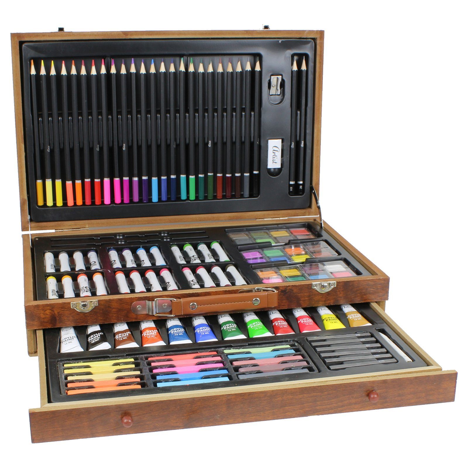 HAGO Malpalette HAGO24 Malkoffer 112-teilig Holzkoffer Zeichenset Farbstifte Acrylfarb