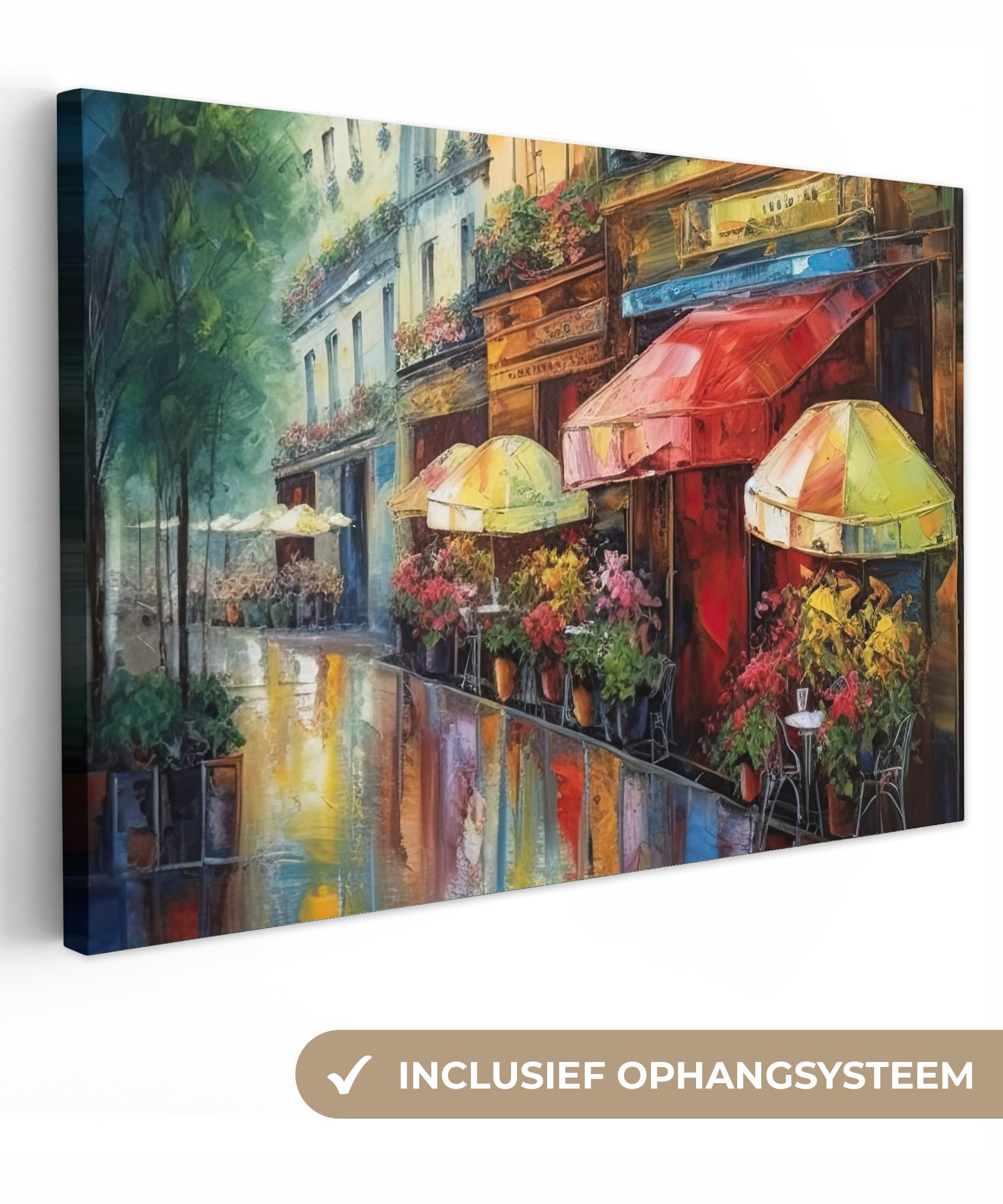 OneMillionCanvasses® Leinwandbild Straße - Ölfarbenoptik - Farbenfroh - Stadt, Fotodruck (1 St), Leinwand Bilder Klein, Wand Dekoration Aesthetic 30x20 cm