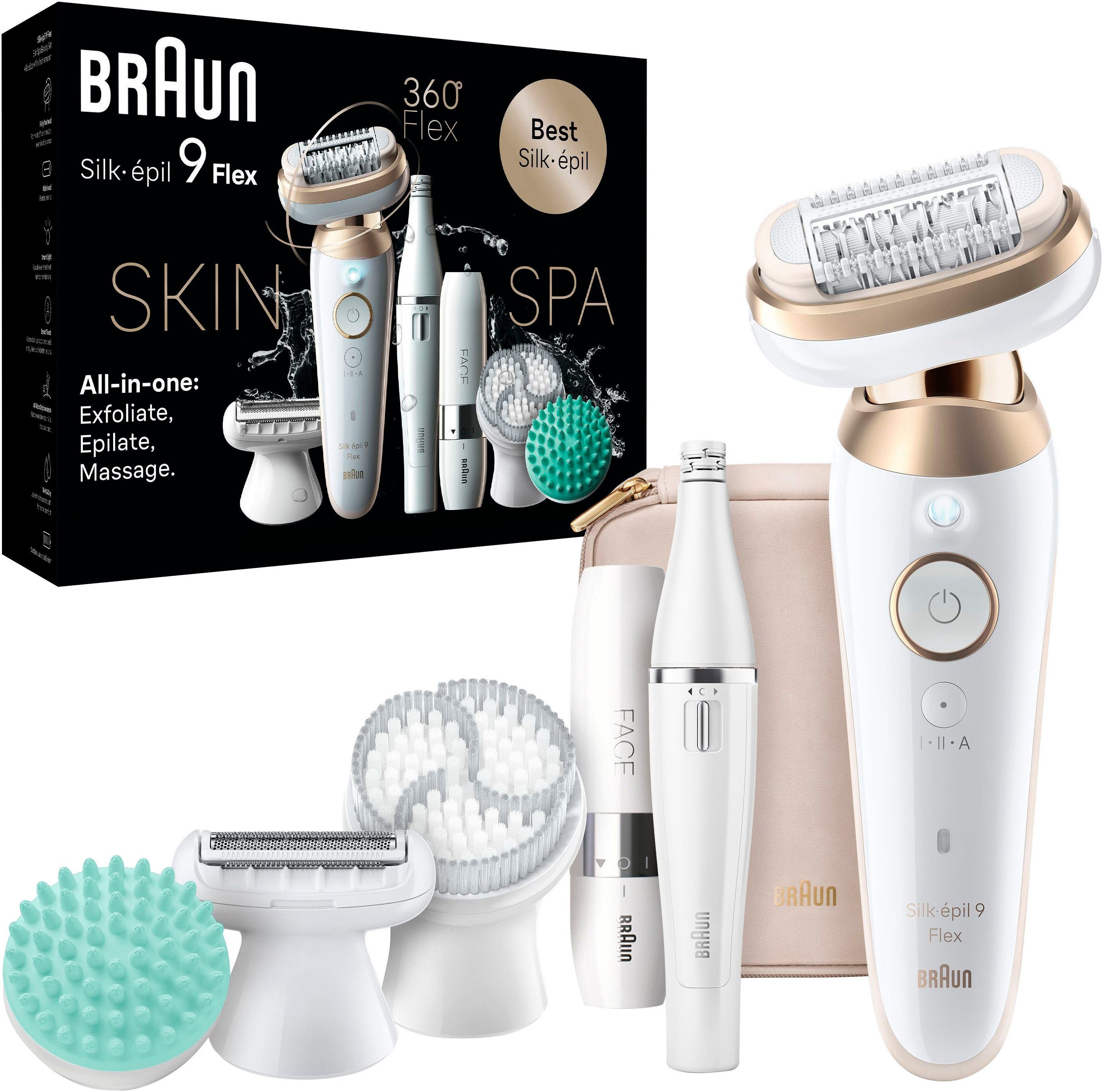 Braun Epilierer Silk-épil Flex SkinSpa 9 9-681, All-In-One Set, FaceSpa-Epilierer & Mini-Rasierer für das Gesicht