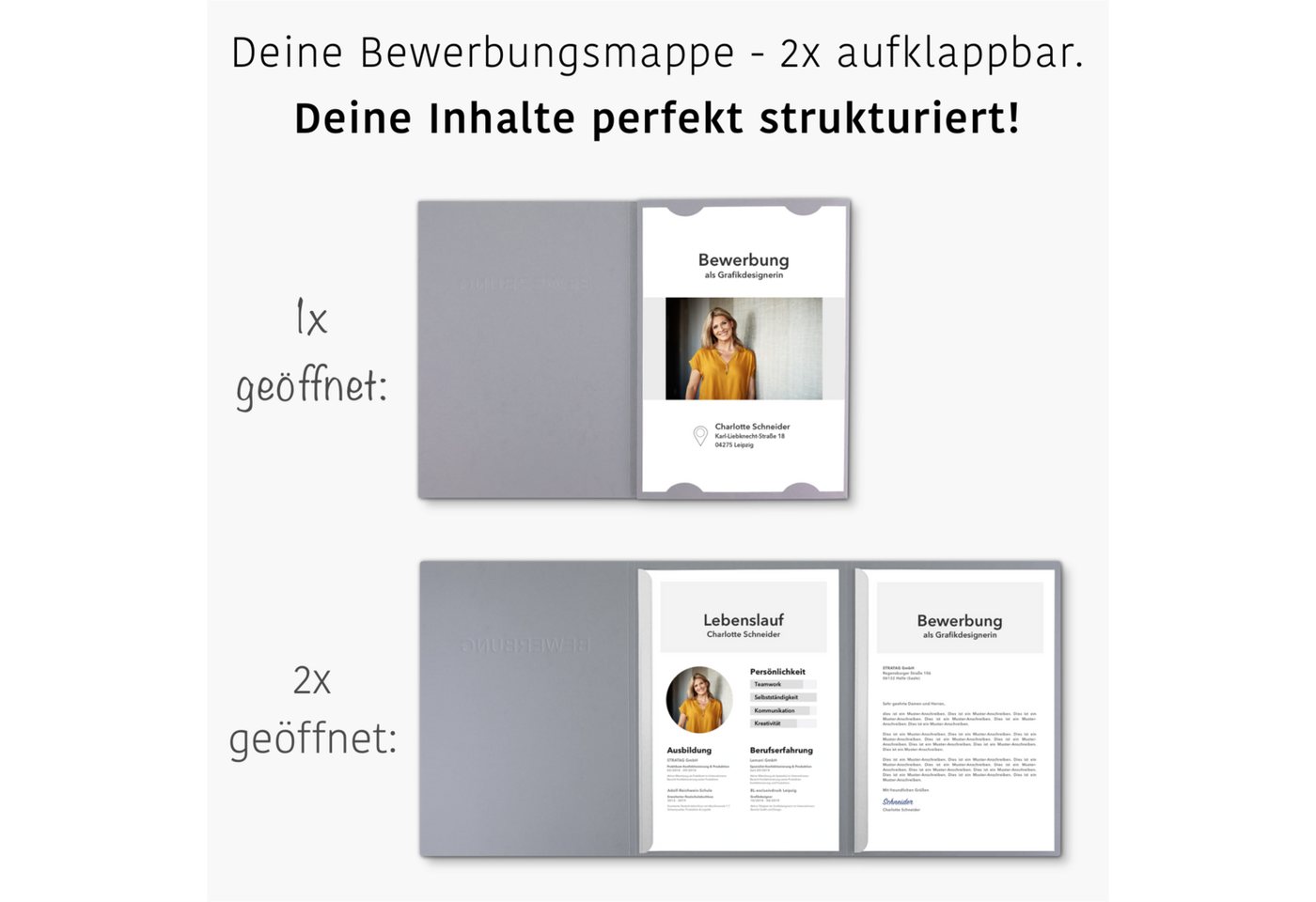 Thumbnail - STRATAG Bewerbungsmappe 3-teilig mit 2 Klemmschienen in feinster Lederstruktur (Set, 10-St., mit hochwertiger Prägung ''...