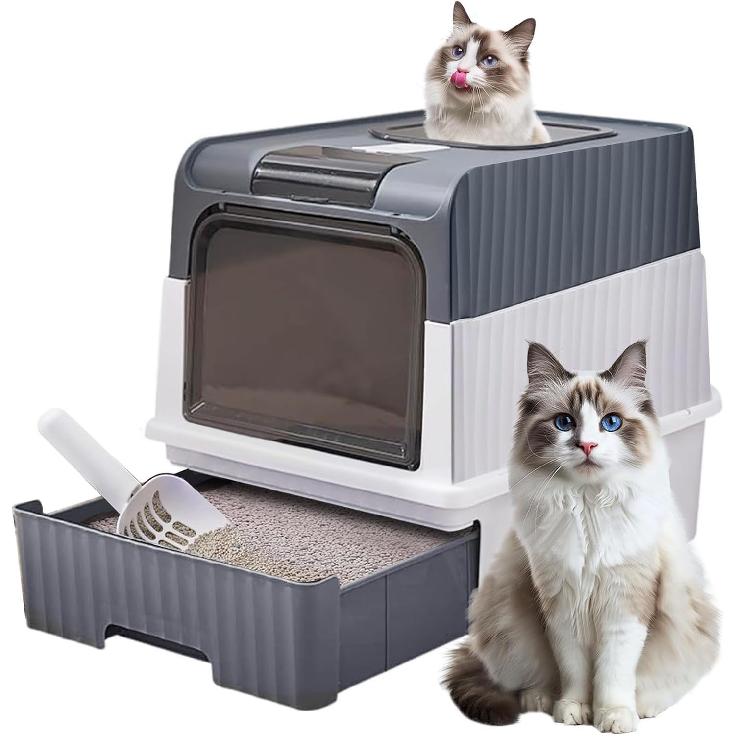 HEYHIPPO Katzentoilette Große faltbare Katzentoilette mit Deckel, Schaufel und PP-Material, Geruchs- und spritzwassergeschützte Katzenstreu-Box, 35x49x37 cm