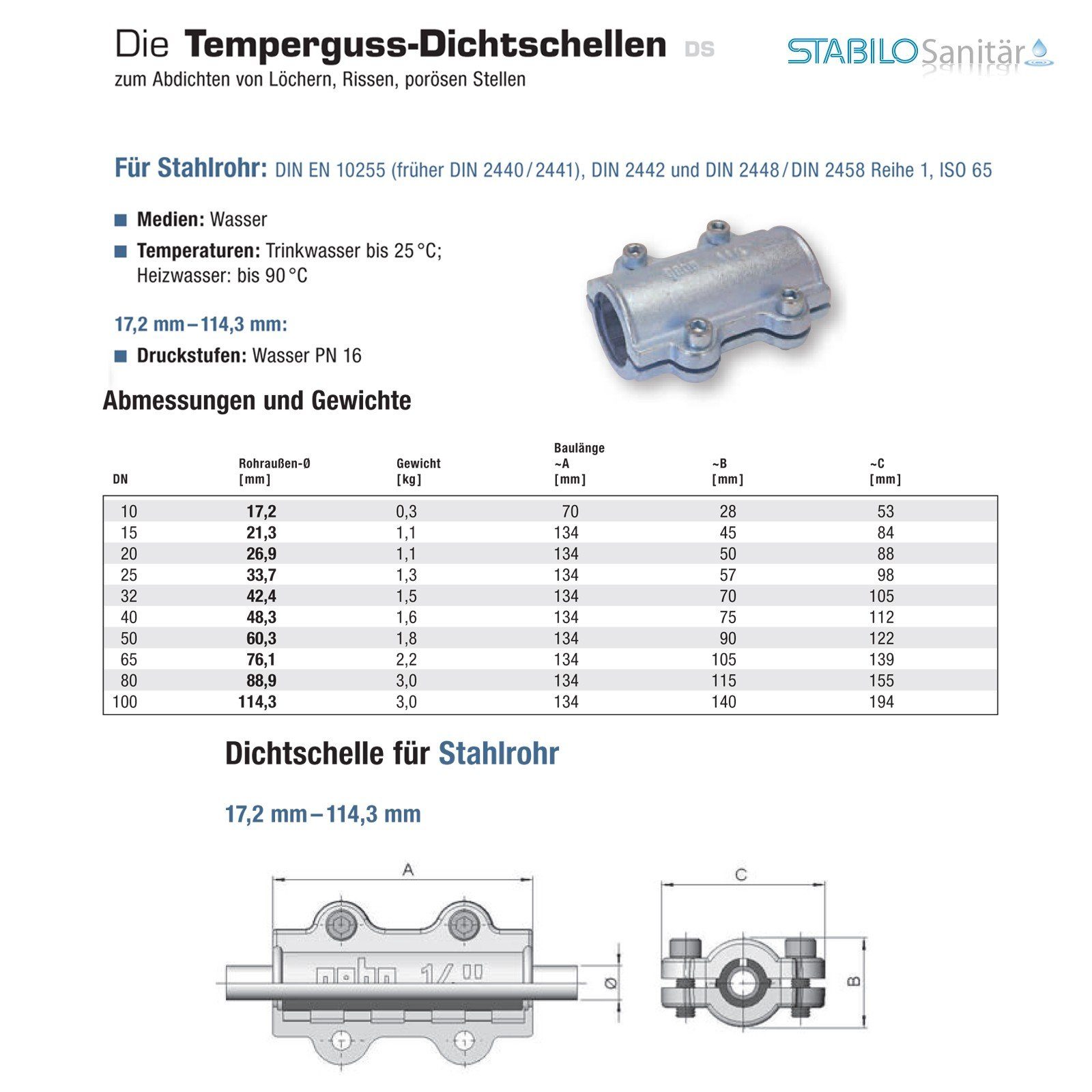 Reparaturschelle Temperguss Zoll Dichtschelle (21,3 1/2 mm) GEBO Dichtschelle DN15