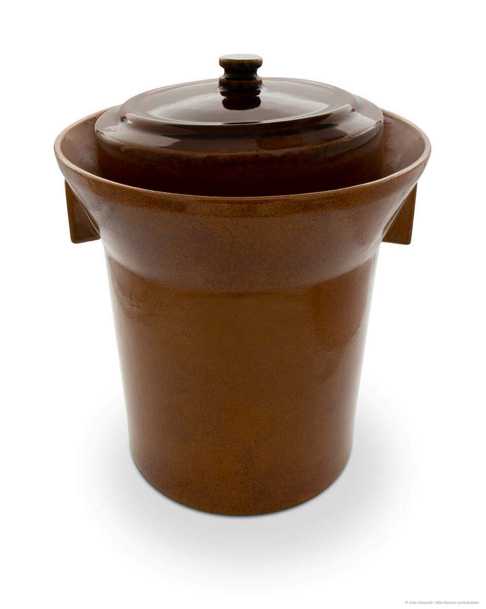 KERAZO Fermentationsglas Premium 10L Gärtopf Sauerkrauttopf Gurkentopf Rumtopf mit Deckel+Stein, Keramik, Mit Wasserrinne, robuste Keramik, lebensmittelecht, für Sauerkraut