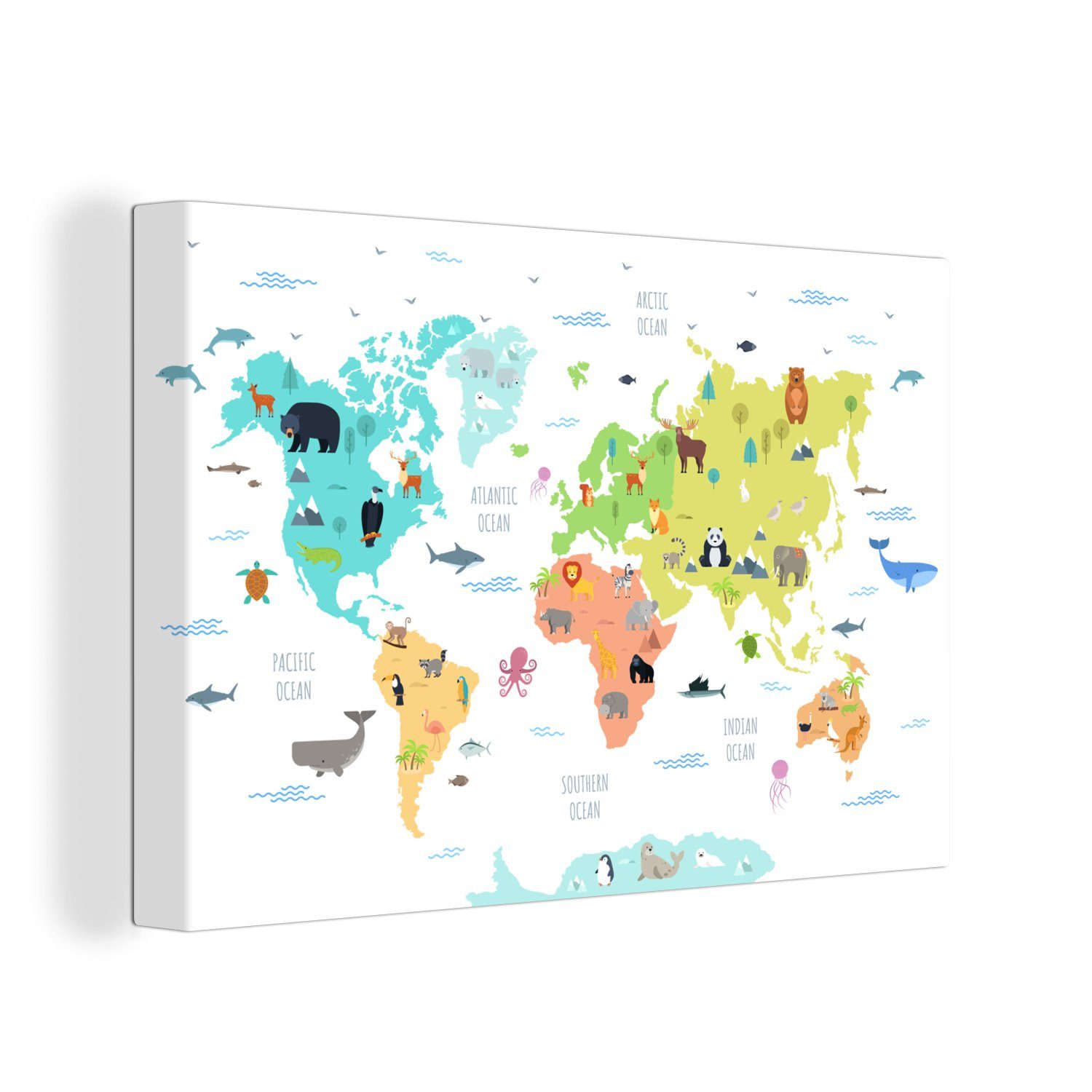 OneMillionCanvasses® Leinwandbild St), Weltkarte - 30x20 Wanddeko, Leinwandbilder, (1 - Aufhängefertig, Kinder, Tiere cm Wandbild