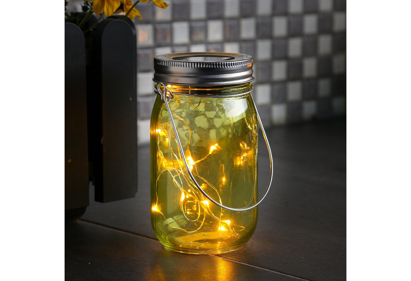 MARELIDA LED Solarleuchte LED Solarglas Windlicht Laterne LED Einmachglas Tischleuchte grün, LED Classic, warmweiß (2100K bis 3000K)