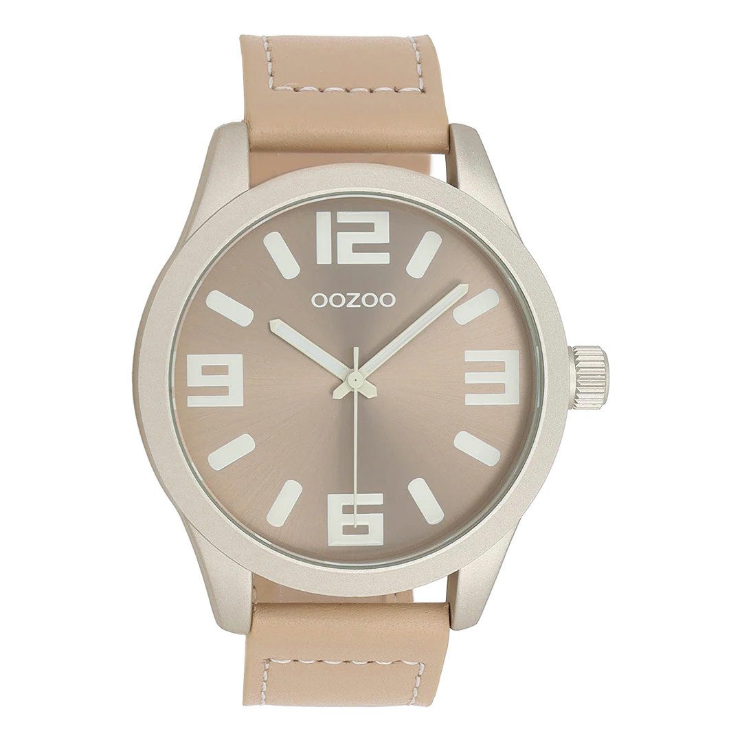 OOZOO Quarzuhr XXL Unisex Uhr C0909 Creme Beige 46 mm Lederband Quarzuhr