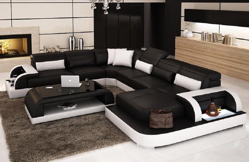 JVmoebel Ecksofa Wohnlandschaft Extra Luxus Klasse Ecksofa Couch - Ledersofa Sofa, Made in Europe Schwarz/Weiß