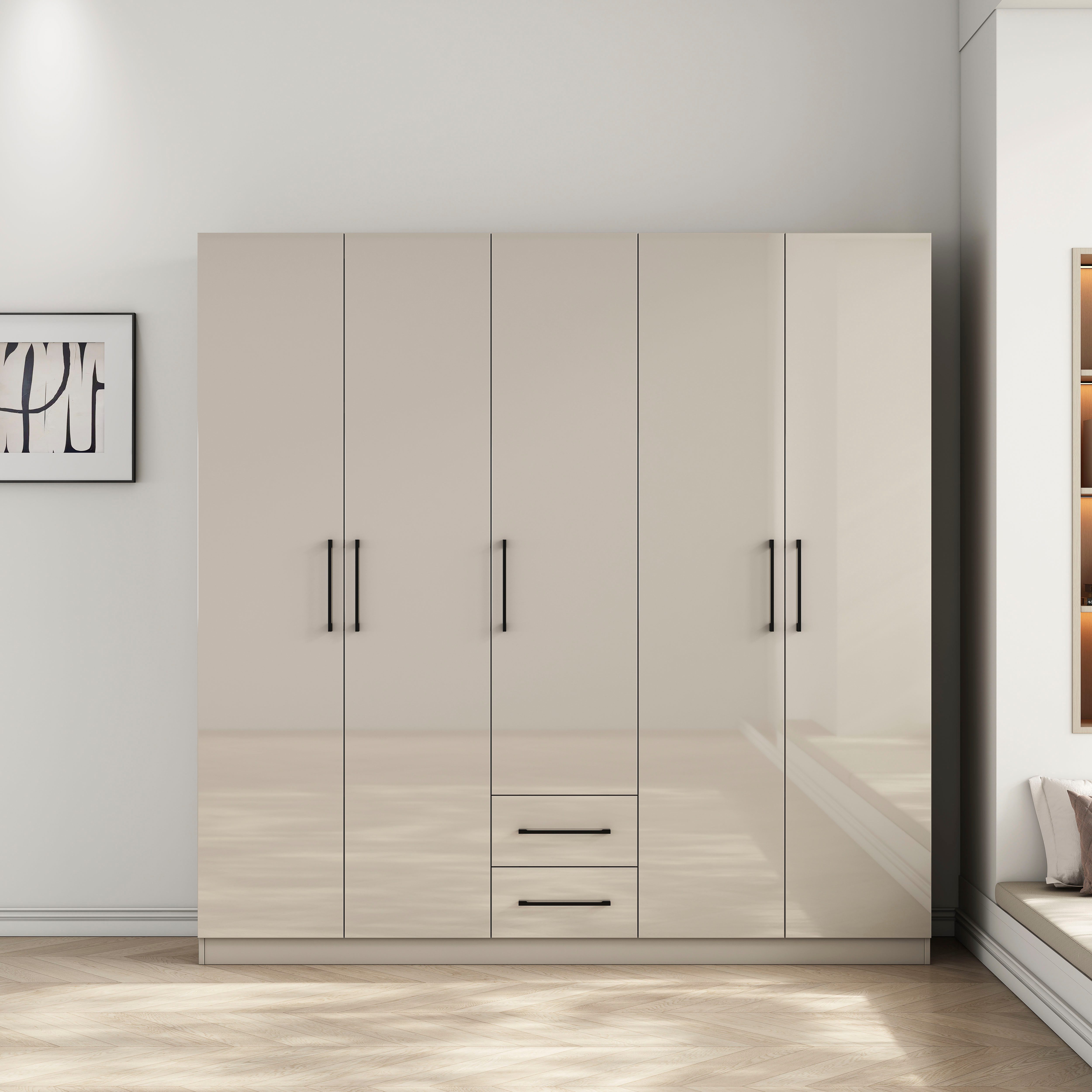 OTTO home Kleiderschrank Sylt Schlafzimmerschrank Garderobe Schrank TOPSELLER in hochglanz weiß (5 Türen, 2 Schubladen, schwarze moderne Griffe, 7 Einlegeböden) Drehtürenschrank mit perfekter Innenausstattung, Breite 200cm