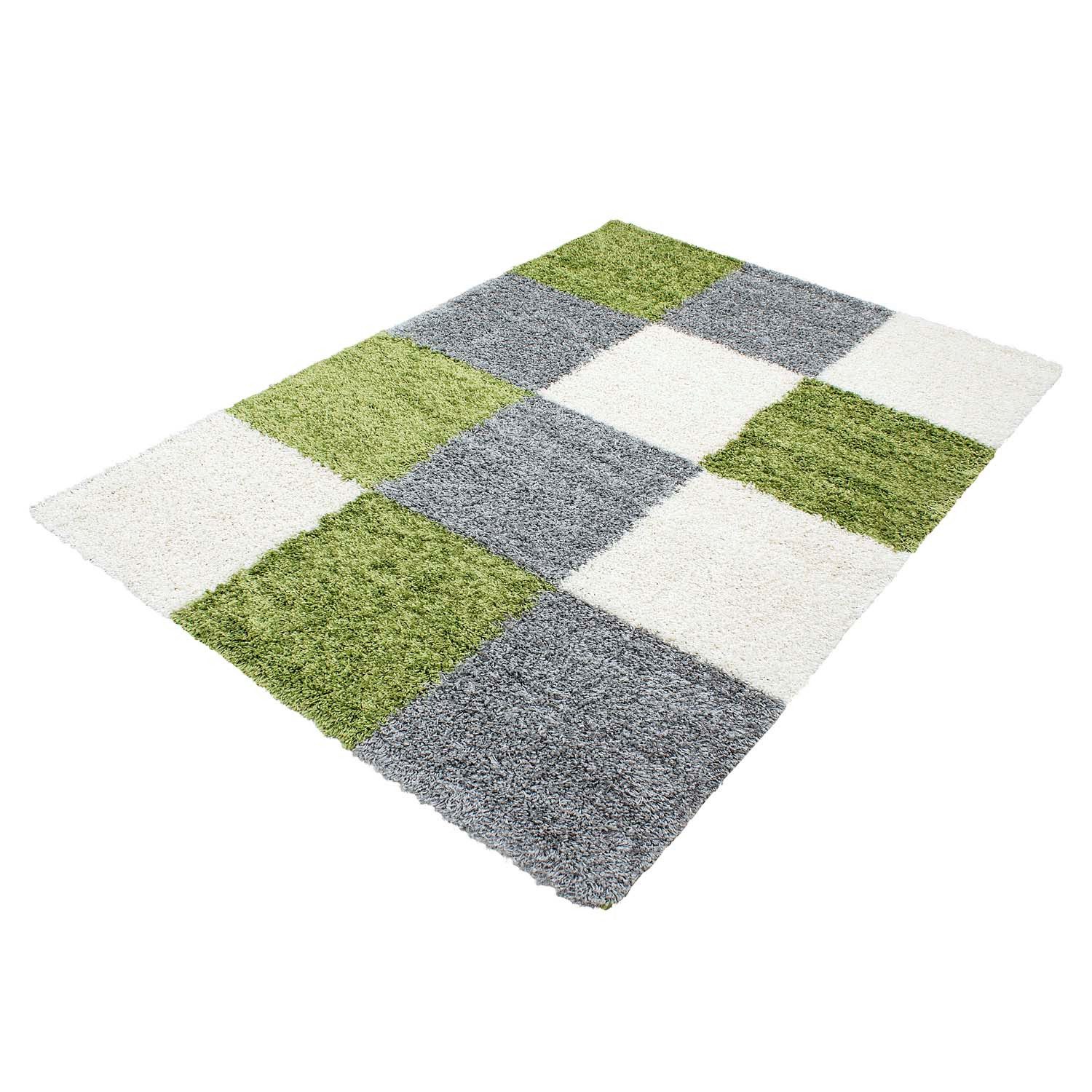 TeppichHome24 Teppich Shaggy Teppich in Karo Design Grün Grau Creme, rechte günstig online kaufen
