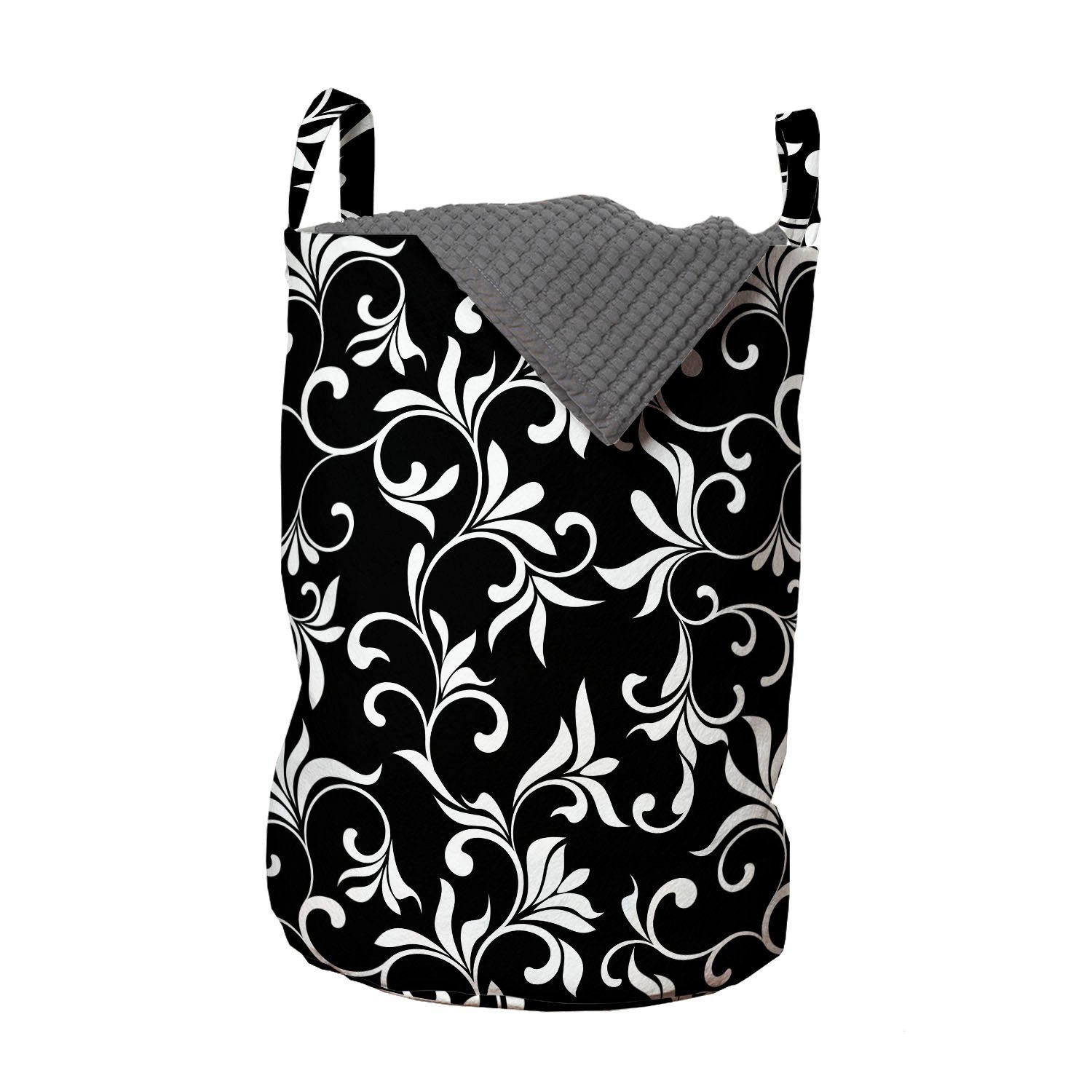 Abakuhaus Wäschesäckchen Wäschekorb mit Griffen Kordelzugverschluss für Waschsalons, Schwarz und weiß Wirbelt Blätter Laub | Wäschesäcke