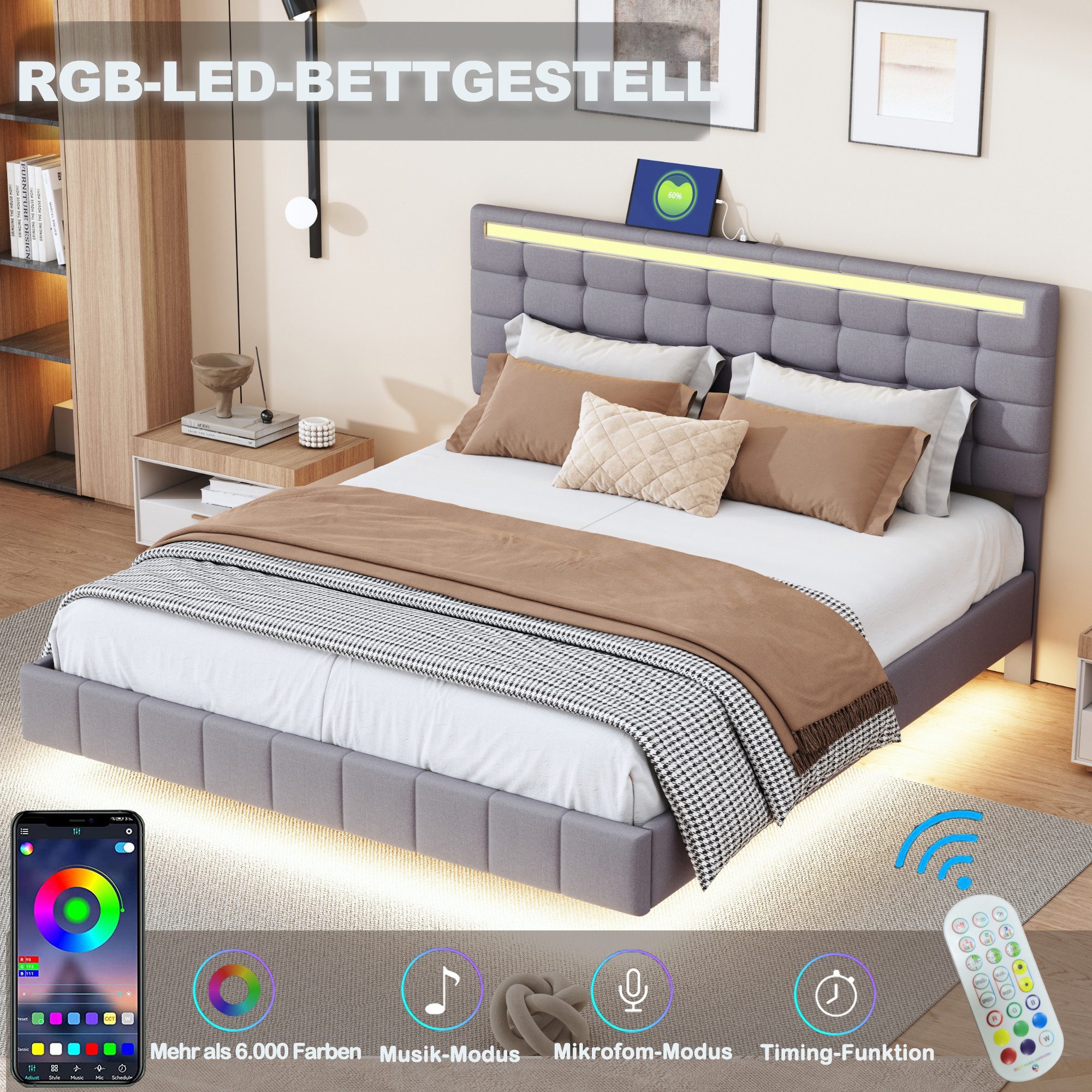 STILVORA Polsterbett 160x200 Bettgestell mit LED-Beleuchtung,Jugendbett günstig online kaufen