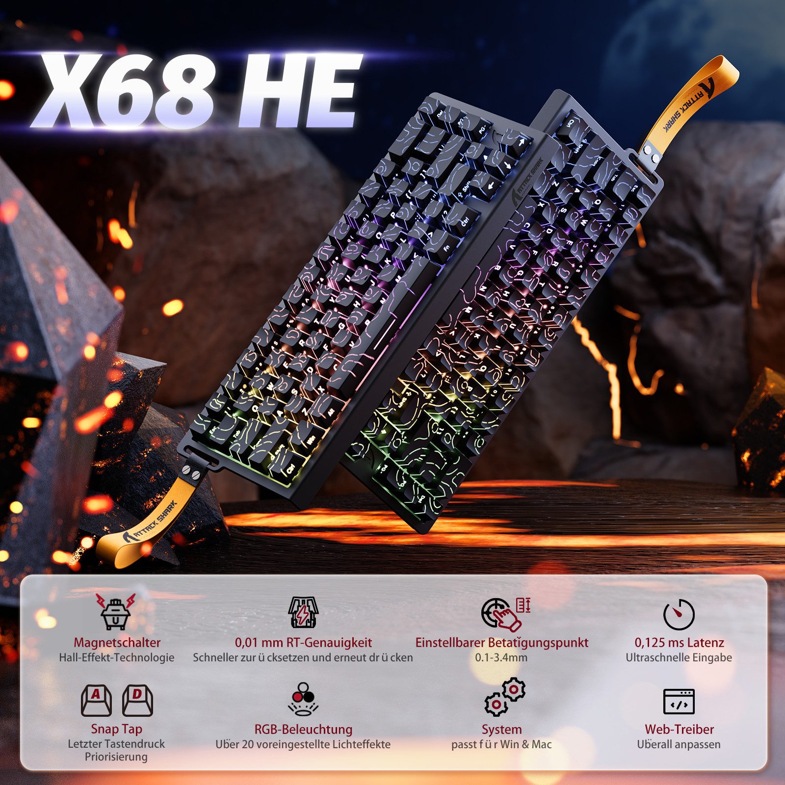 ATTACK SHARK X68 HE 8KHz Rapid Trigger Gaming-Tastatur, 0,01mm,RGB Gaming-Tastatur (Kabelgebunden Hall-Effekt Magnetische Tastatur)