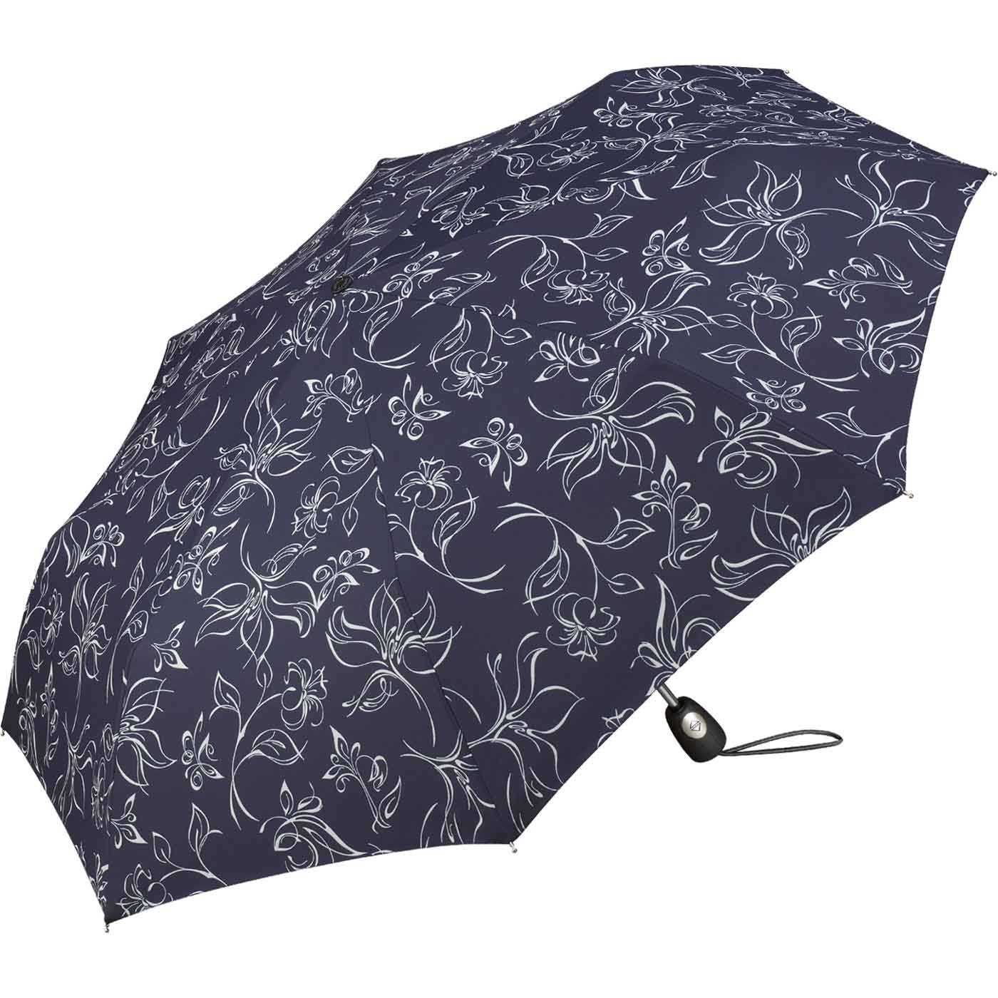 weiß-dunkelblau mit Auf-Zu-Automatik, Pierre schöner Taschenregenschirm Damen-Regenschirm Blumenskizzen Cardin mit wunderschönen