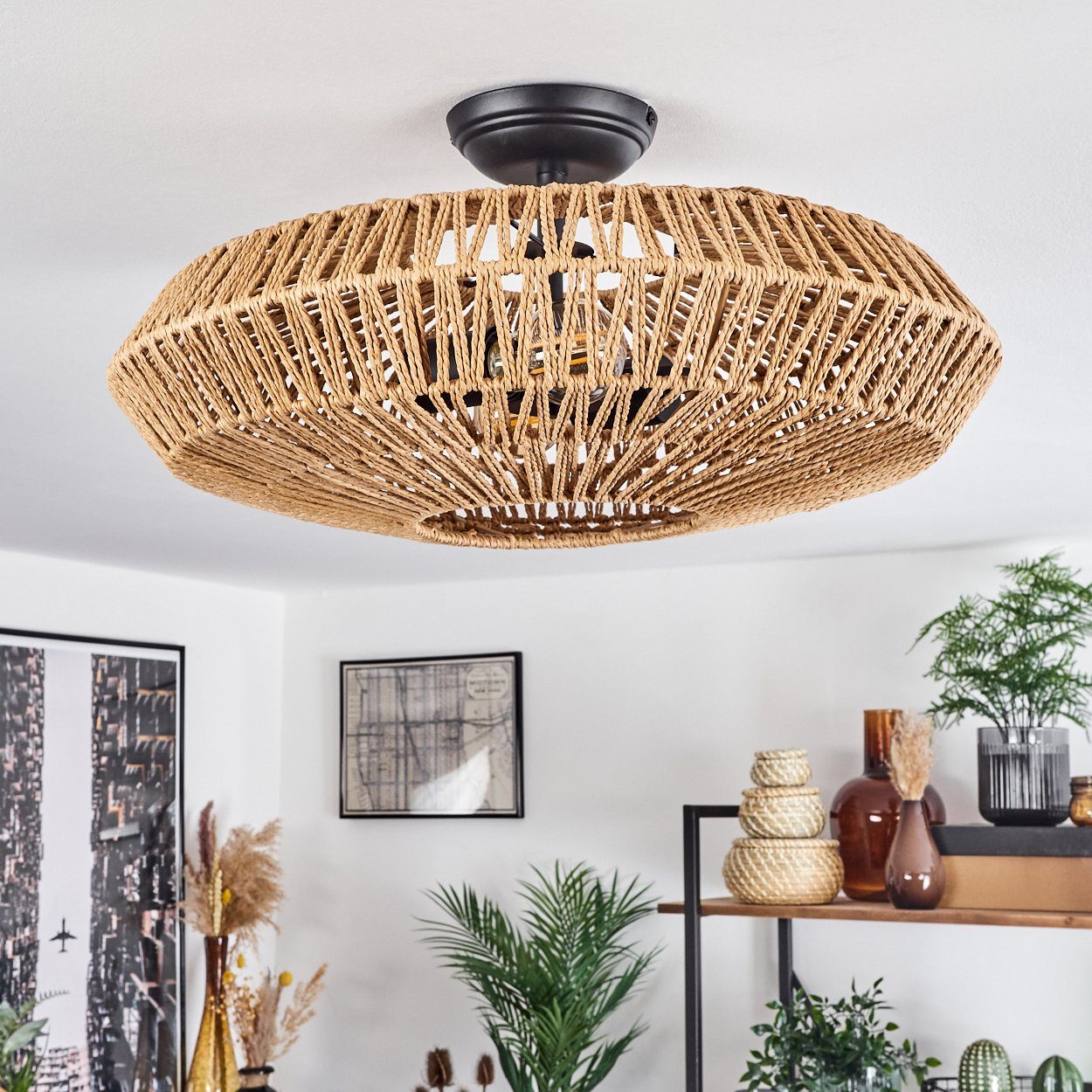 hofstein Deckenleuchte »Alvi« moderne Deckenlampe aus Metall/Rattan in Schwarz/Natur, ohne Leuchtmittel, Leuchte im modernen Design mit Lichteffekt, ø52cm, 1xE2 – Bild 2 von 5
