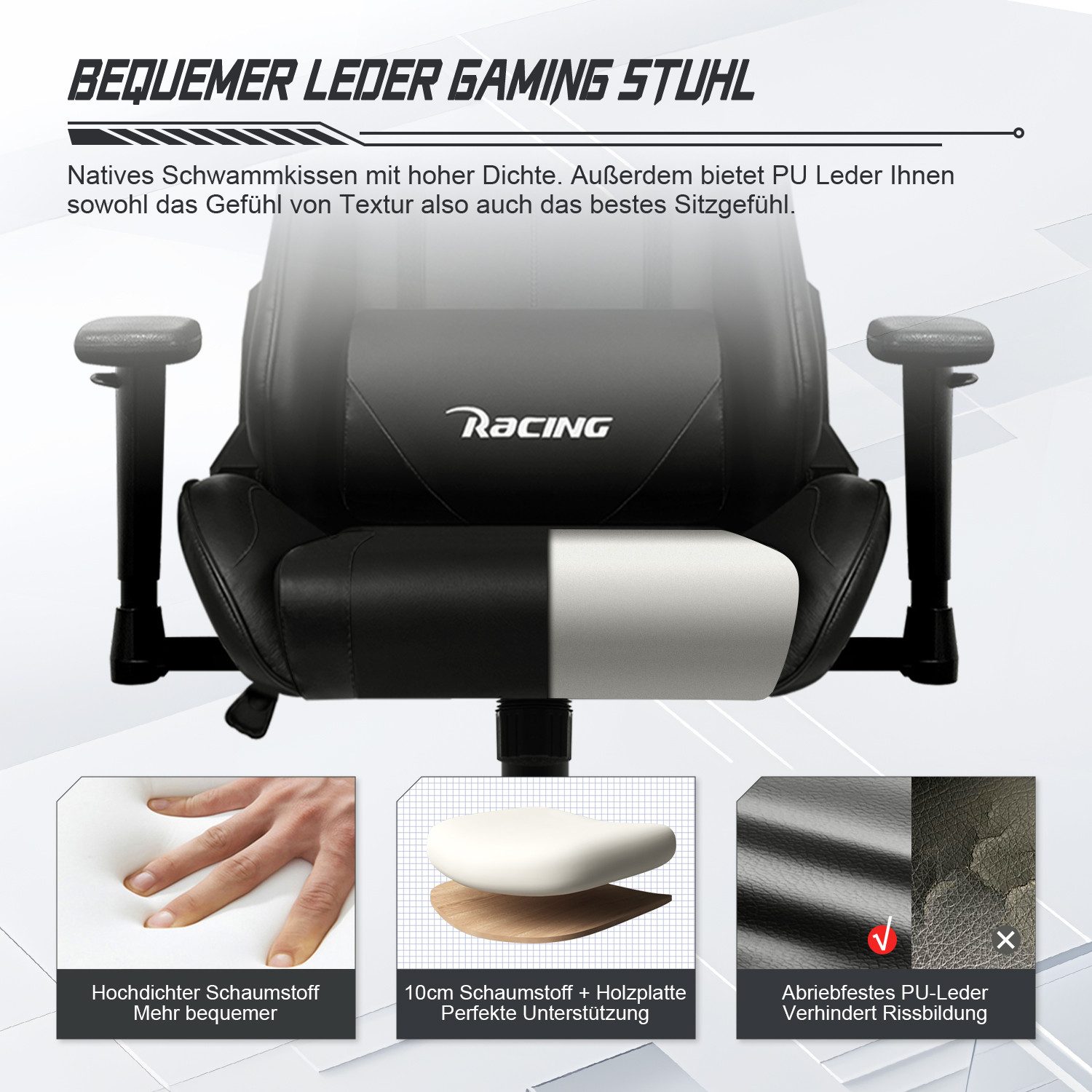 Homimaster Gaming-Stuhl Gaming Stuhl, Ergonomischer Bürostuhl,Gaming Chair mit Wippfunktion (Mit verstellbarem Lendenkissen, Kopfstütze und Armlehnen, gepolster – Bild 4 von 5