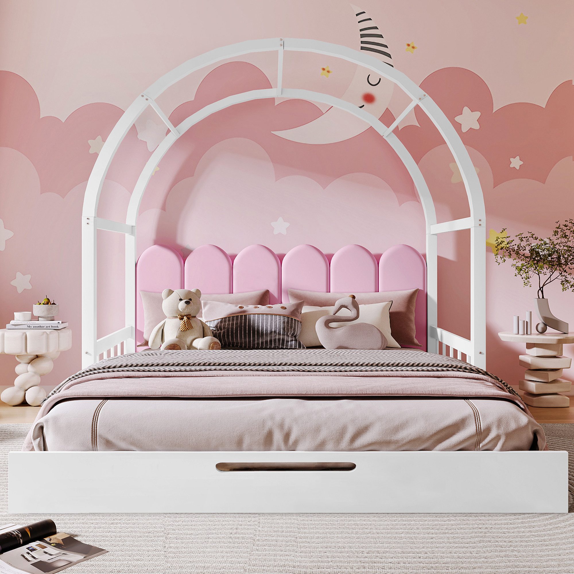 Flieks Kinderbett, Kiefer Schiebebett mit Samt Zaun-Kissen 140x100cm/140x20 günstig online kaufen