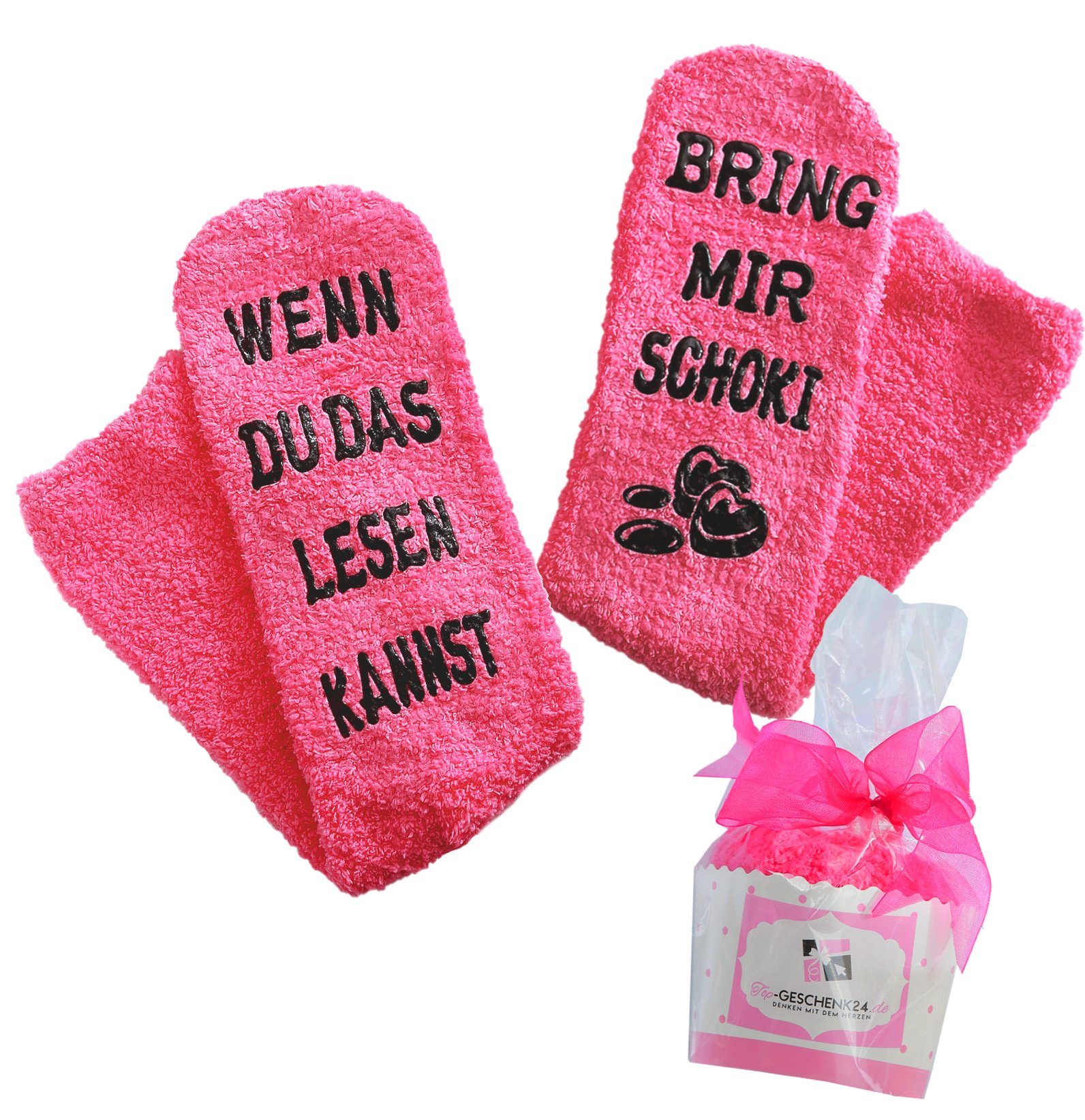 Lucadeau Kuschelsocken mit Spruch "bring mir Schoki", Geburtstagsgeschenk für Frauen (Cupcake Verpackung, 1 Paar) rutschfest, Gr. 36-43, Geschenke für Frauen, Geburtstagsgeschenk