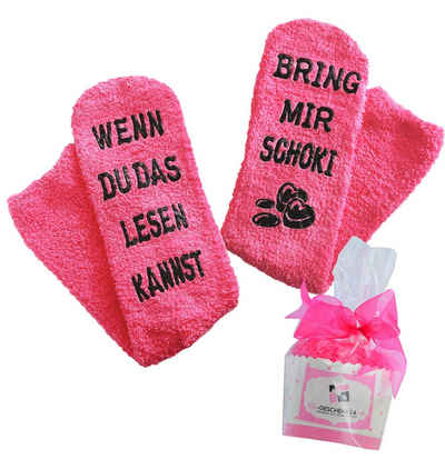 Lucadeau Kuschelsocken mit Spruch "Wenn du das lesen kannst, bring mir Schoki" (Cupcake Verpackung, 1 Paar) rutschfest, Gr. 36-43, Geschenke für Frauen, Geburtstagsgeschenk