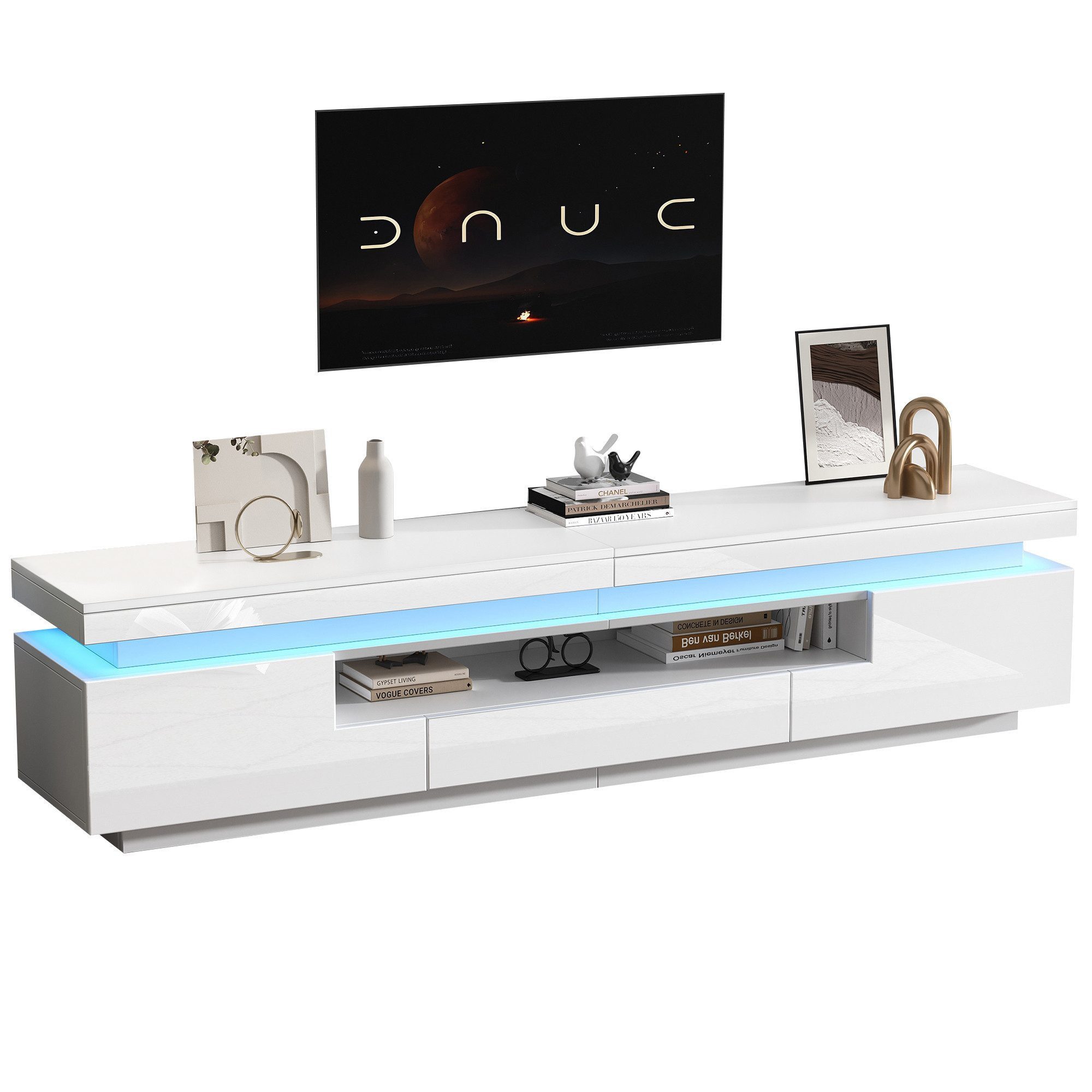Merax Lowboard hochglanz TV-Schrank mit LED-Beleuchtung (175×38×45 cm, 1 St., Lowboard für Fernseher bis 75 Zoll, Weiß), Fernsehschrank mit 2 L-Schränken, 1 Schublade & halboffener Ablage