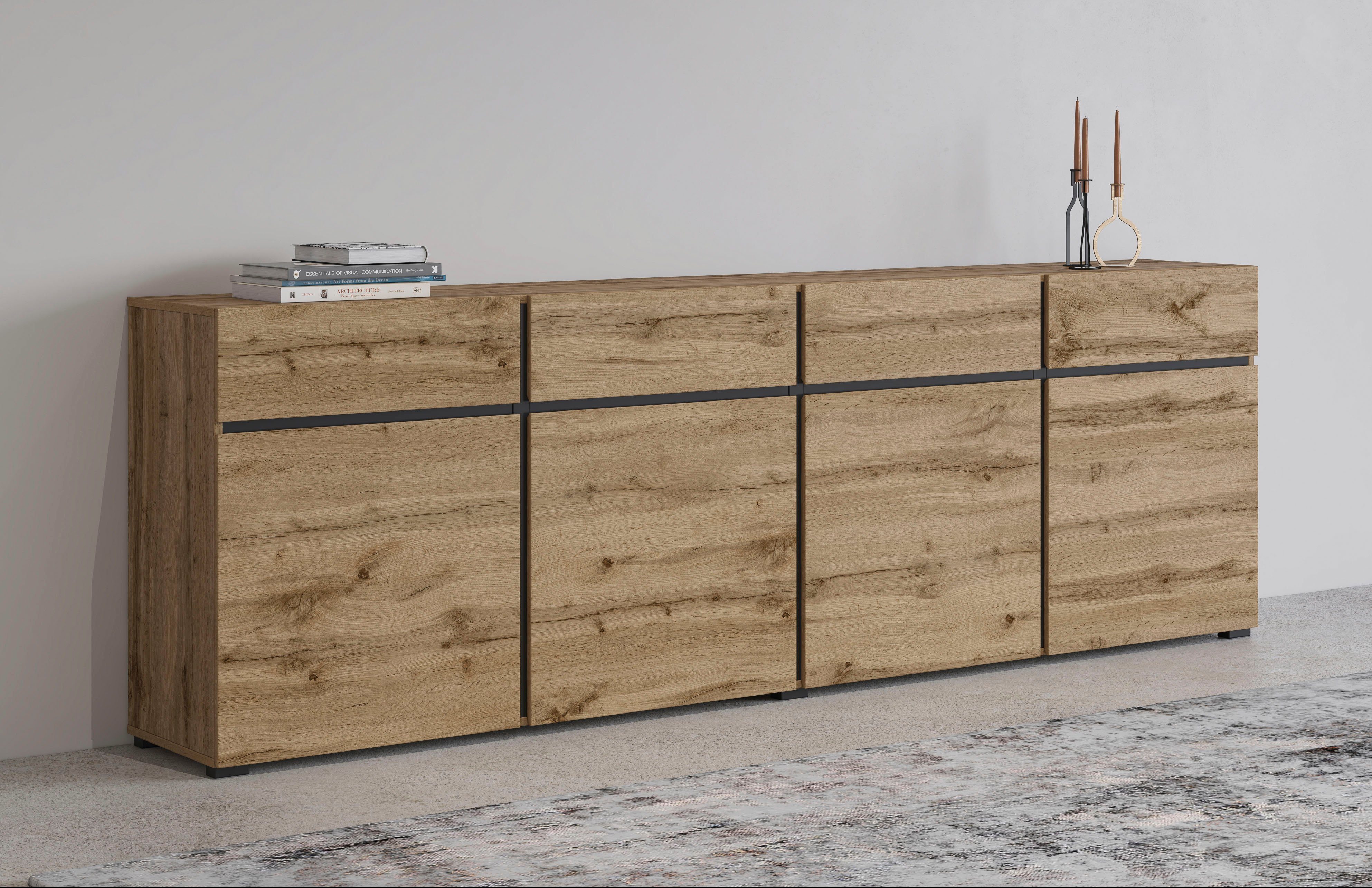 INOSIGN Sideboard Cross,Breite 225 cm, moderne grifflose Kommode,4 Türen/4 Schubkästen, Schubladenschrank mit viel Stauraum, Einlegeböden verstellbar