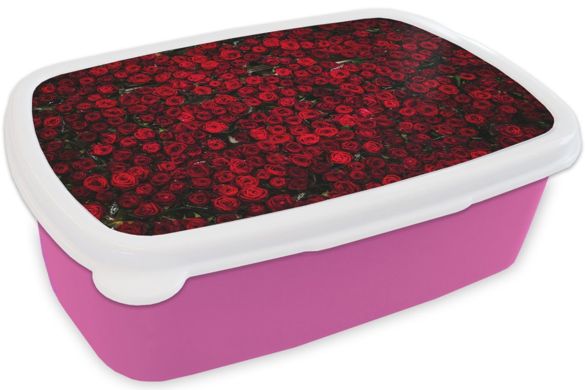Brotbox (2-tlg), Erwachsene, Snackbox, - Blumen MuchoWow Rot, Mädchen, - Brotdose Kunststoff, Rosen Kinder, Lunchbox für Kunststoff rosa