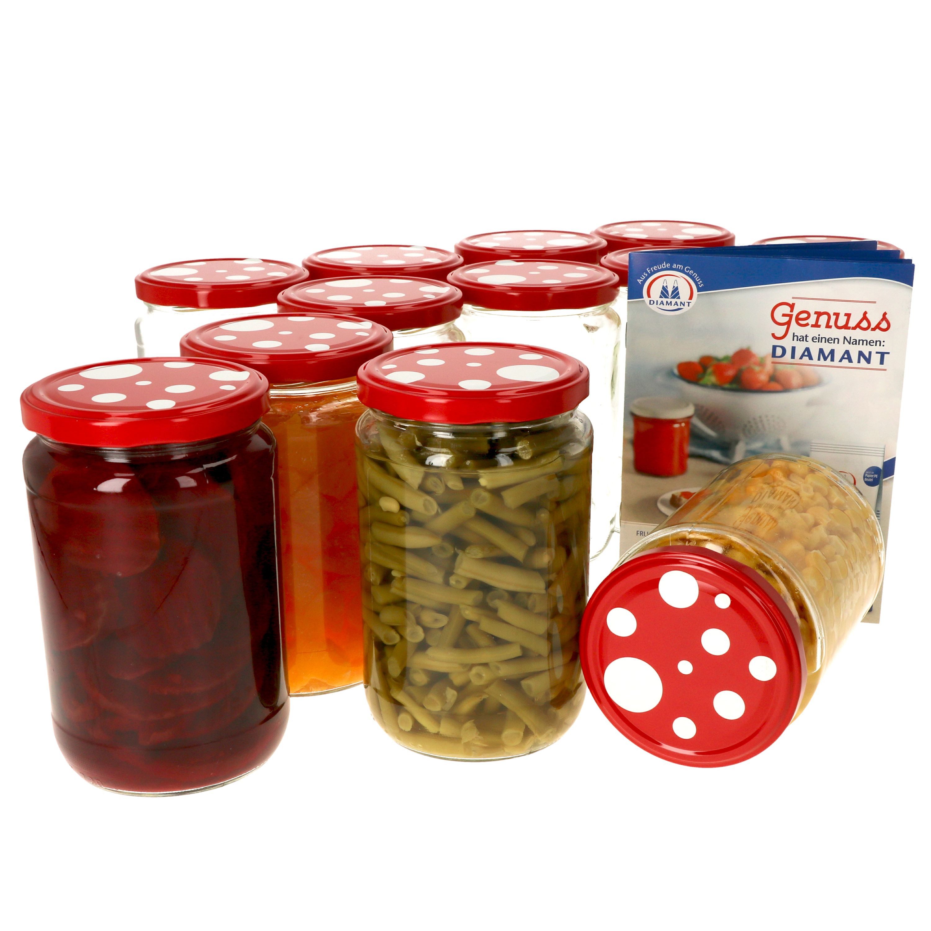 MamboCat Einmachglas 12er Set Rundglas 720 ml To 82 Fliegenpilz Deckel incl. Rezeptheft, Glas