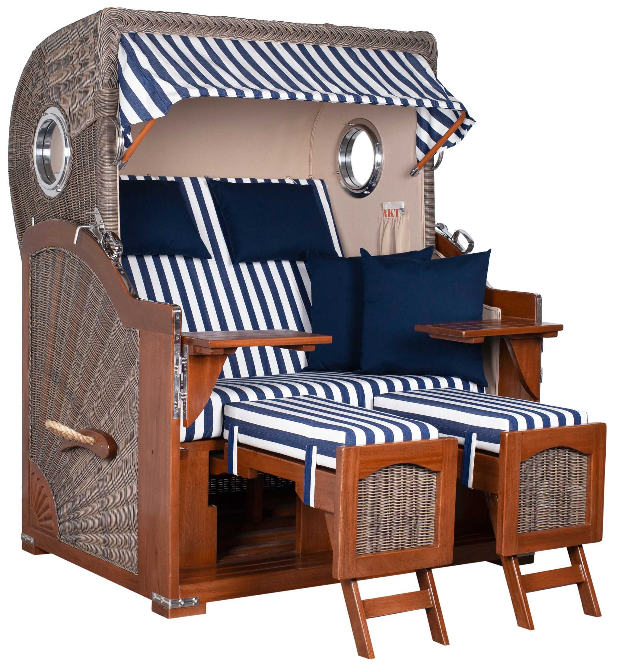 MR.DEKO Strandkorb 2-Sitzer Düne Bullauge Vollholz PE-Geflecht grau 125x170x80, BxTxH: 125x80x170 cm, 2-Sitzer Strandkorb, Strandkorb Düne Bullauge, (Fertig montierter Strandkorb für Garten, Terrasse & Balkon), Wetterfester Volllieger mit Edelstahlbeschlägen & waschbaren Polstern