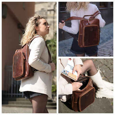 Corno d´Oro Cityrucksack Premium Echt Leder Rucksack Damen für 14 Zoll Laptop Vintage Braun