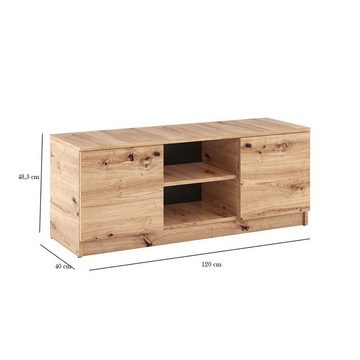 Beautysofa TV-Schrank kleiner Schrank mit offenen Regalen für den Fernseher (eiche artisan) 2 Türen öffnen, B:120/H:48,5/T:40cm