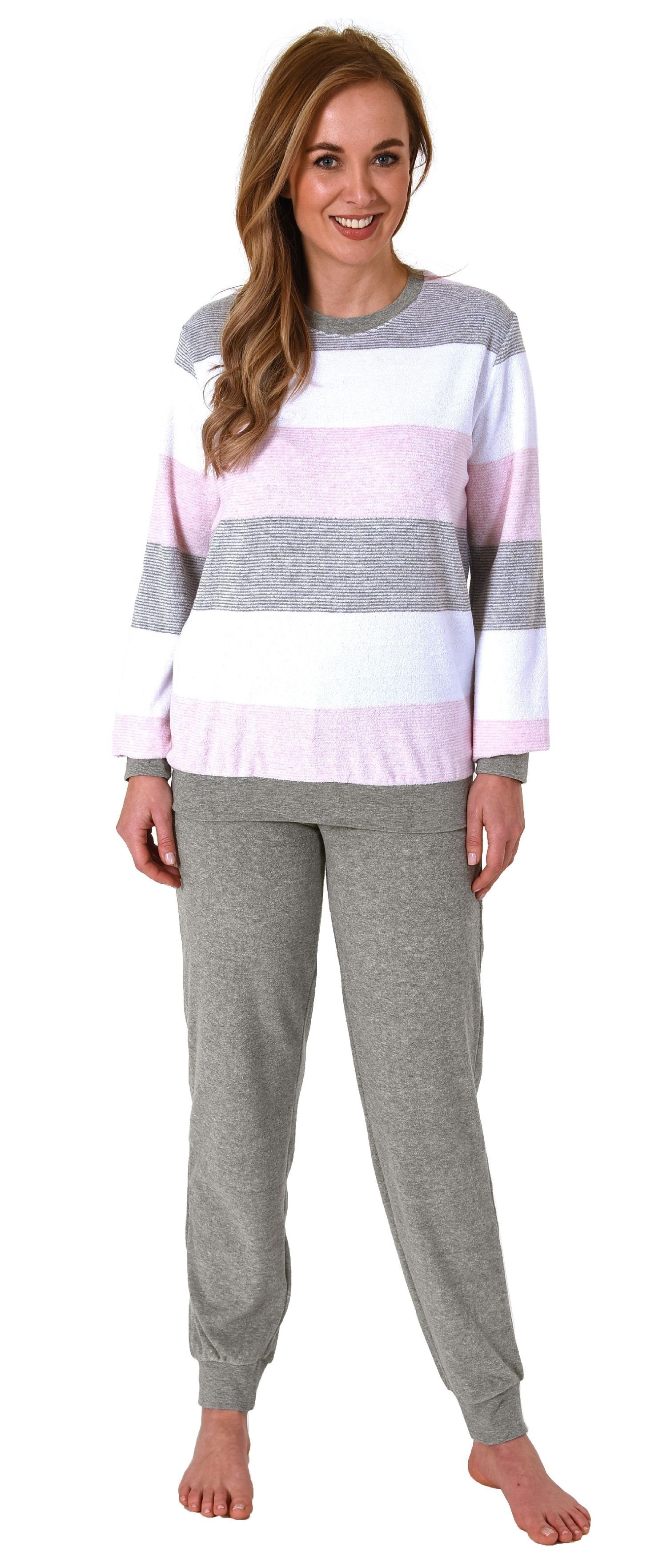 Normann Pyjama Damen Pyjama mit Bündchen Schlafanzug in Blockstreifenoptik rosa