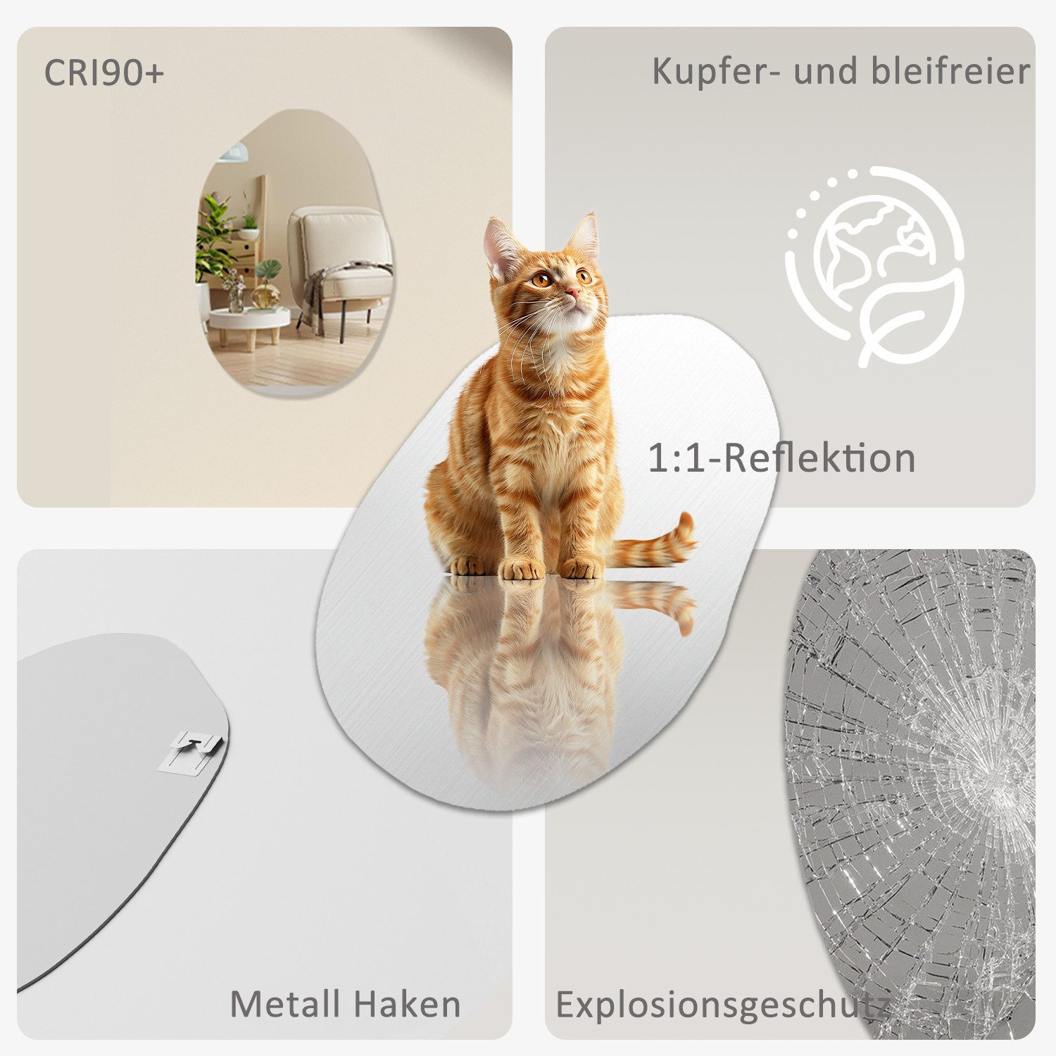 Hopibath Dekospiegel Wandspiegel Flur Design Schminkspiegel Asymmetrisch Spiegel rahmenlos (Flurspiegel Badspiegel Türspiegel, 1-St., Kieselstein 55x80cm), mit Metall Haken