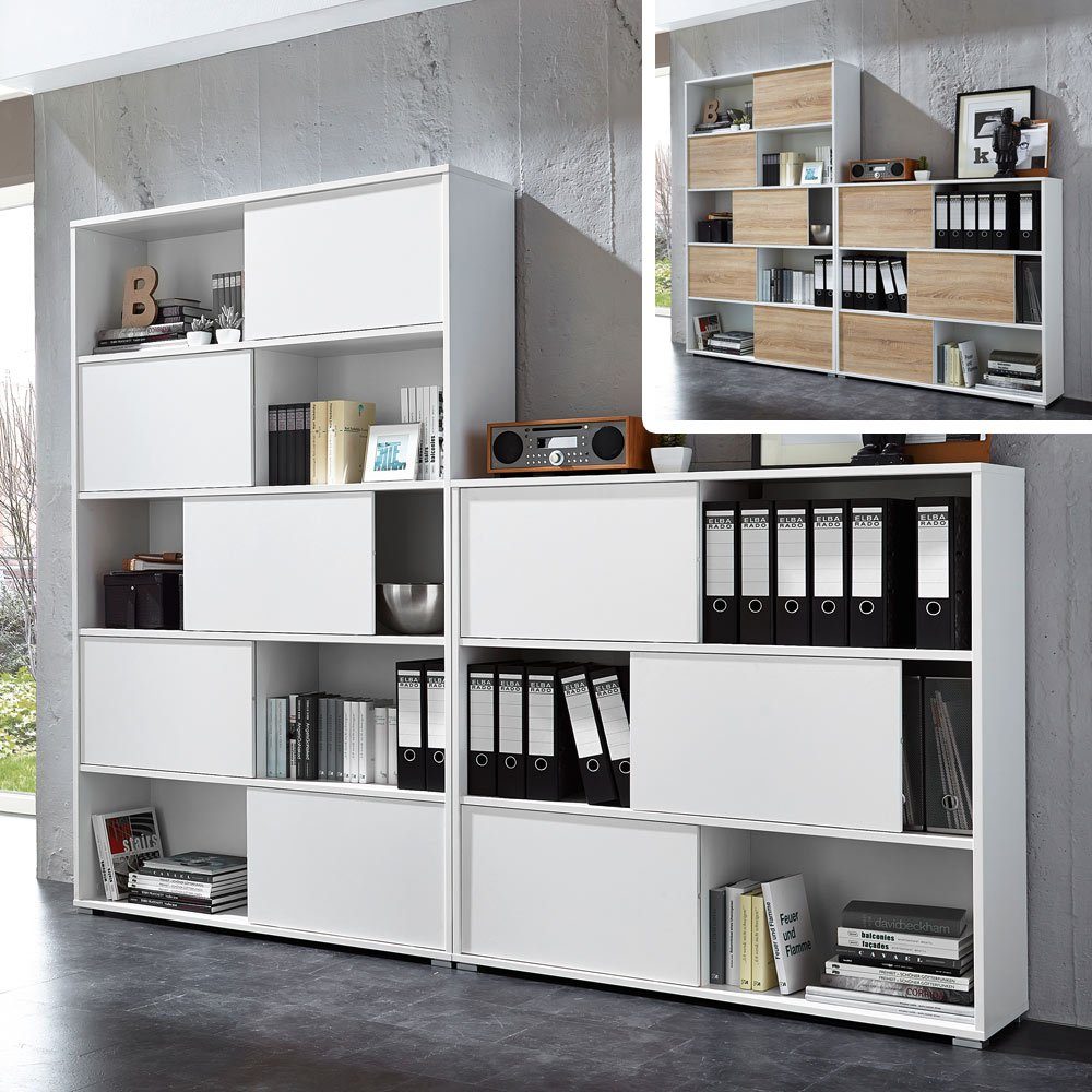 Lomadox Aktenschrank MANHATTEN-01 Büromöbel Set mit Schiebetüren weiß / weiß,Sonoma-Eiche-Nb.