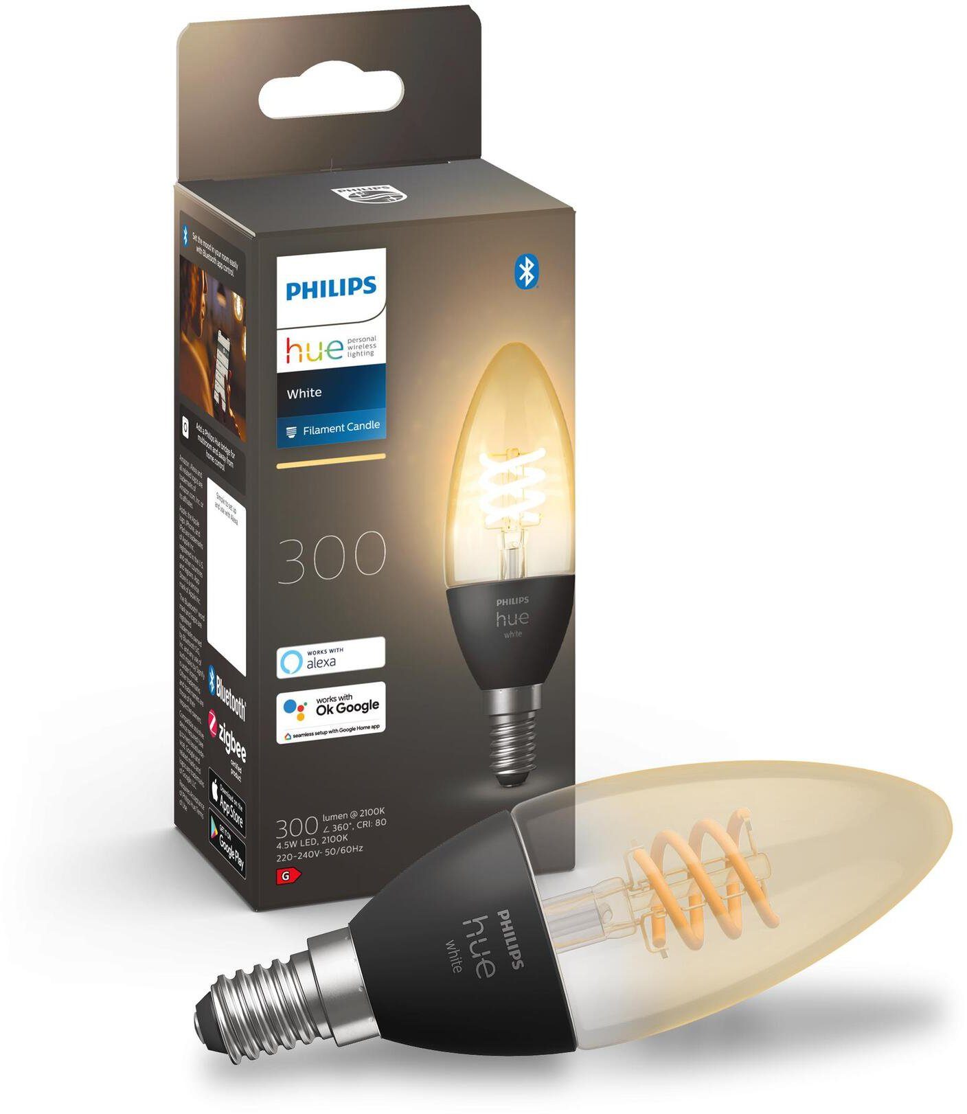 1 300lm, E14, Philips Einzelpack Warmweiß Filament E14 Kerze LED-Filament St., Hue White