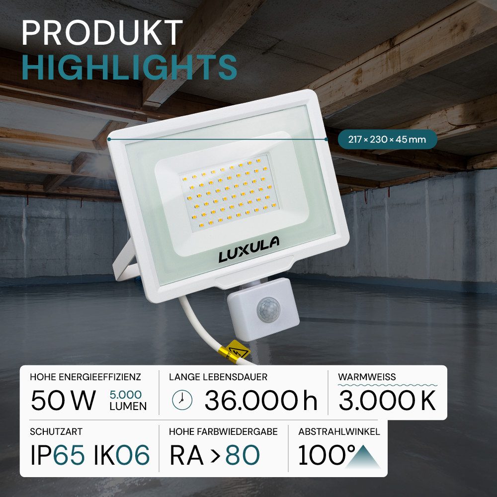 LUXULA LED Flutlichtstrahler LUXULA LED Fluter 50 W 3000 K Warmweiß Weiß, LED fest integriert, Warmweiß