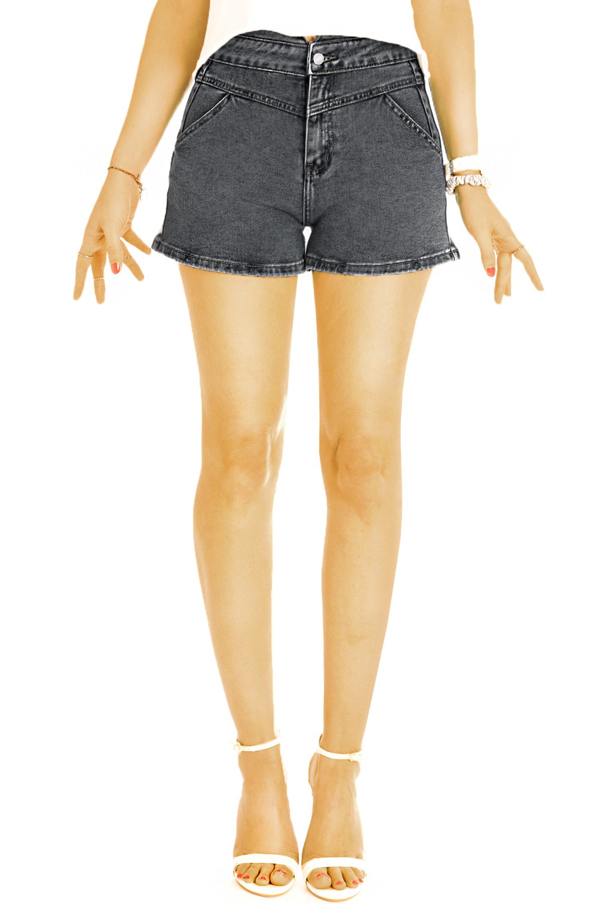 Jeansshorts Jeans Shorts hoch geschnittene Hotpants bequeme kurze Hose– Damen–j48k