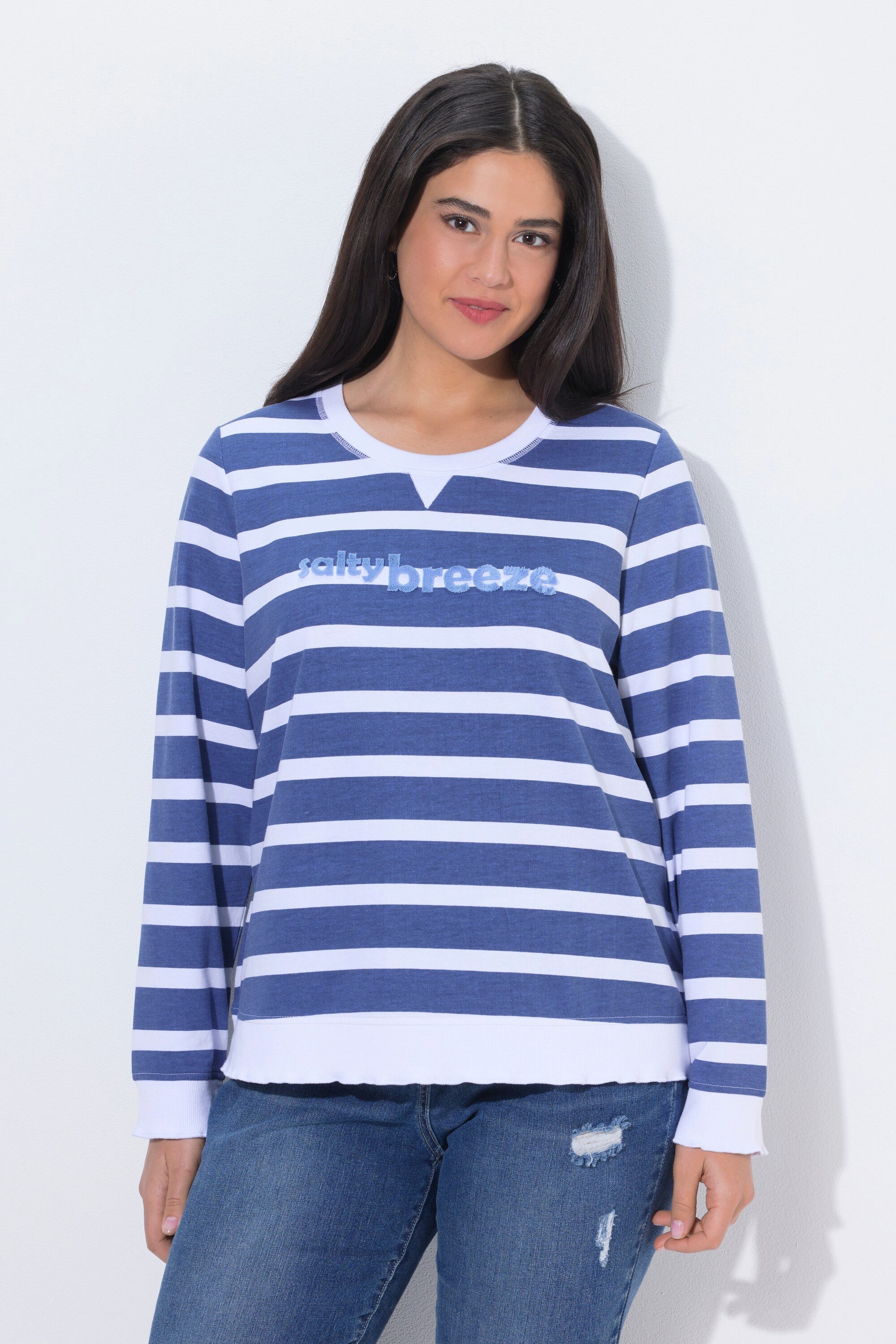 Ulla Popken Sweatshirt Sweatshirt Ringel Schriftzug Rundhals Langarm