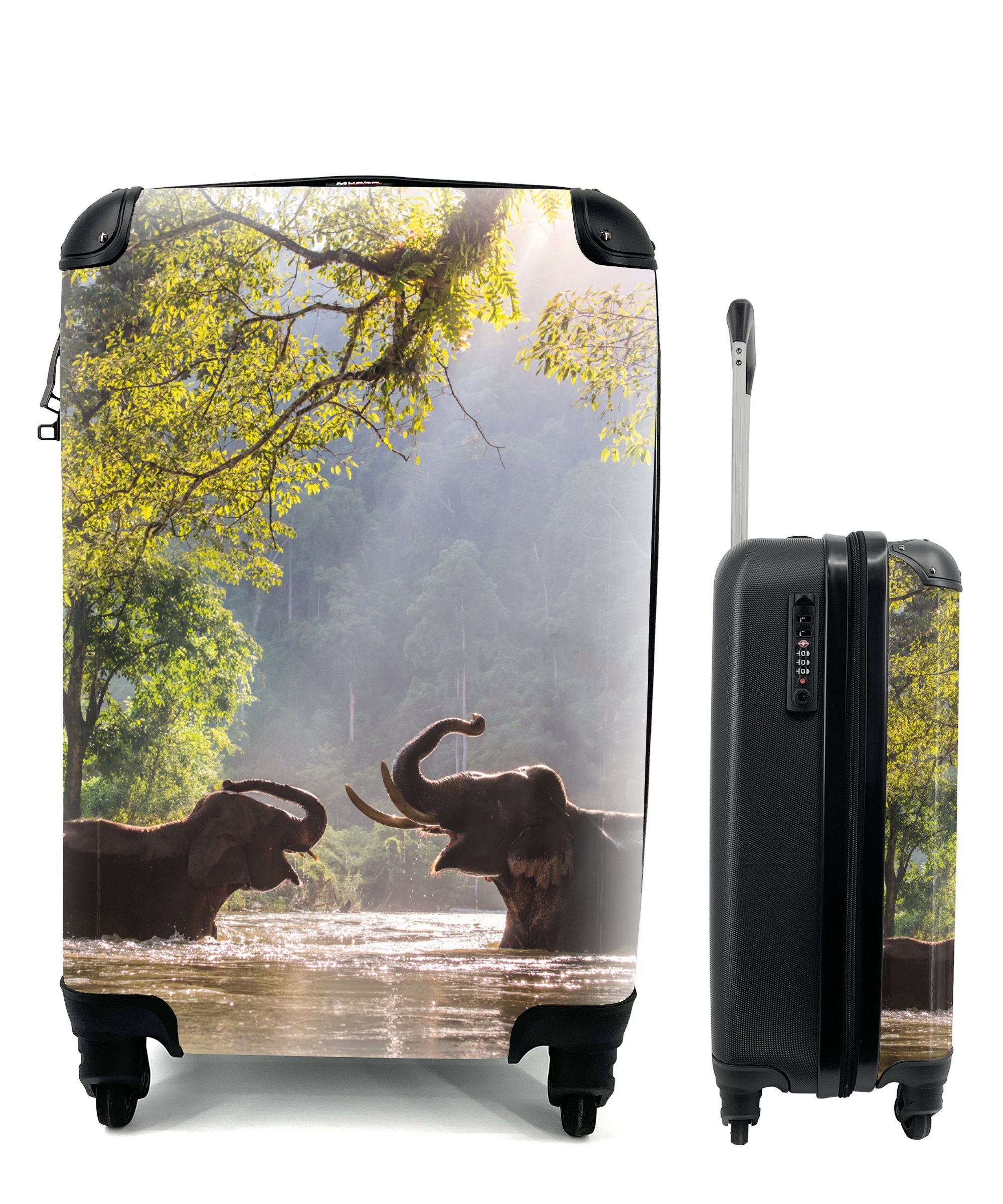 MuchoWow Handgepäckkoffer Elefant - Wasser - Tiere - Bäume - Sonne, 4 Rollen, Reisetasche mit rollen, Handgepäck für Ferien, Trolley, Reisekoffer
