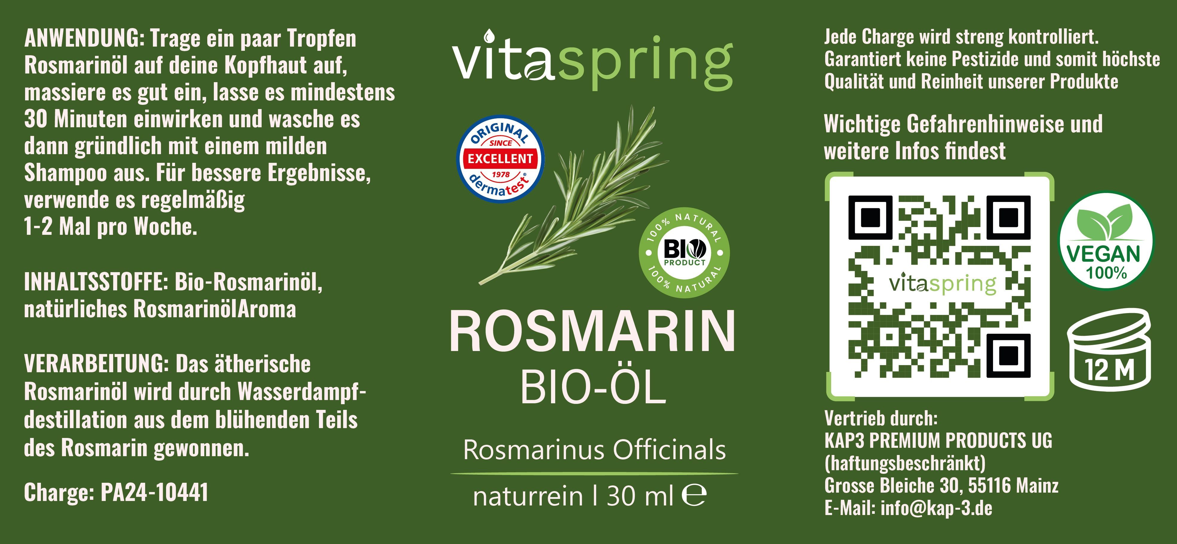vitaspring Haaröl Rosmarinöl Apothekenqualität für Haare 100% Bio naturrein Rosmarinöl, 100% reines und ätherisches Öl