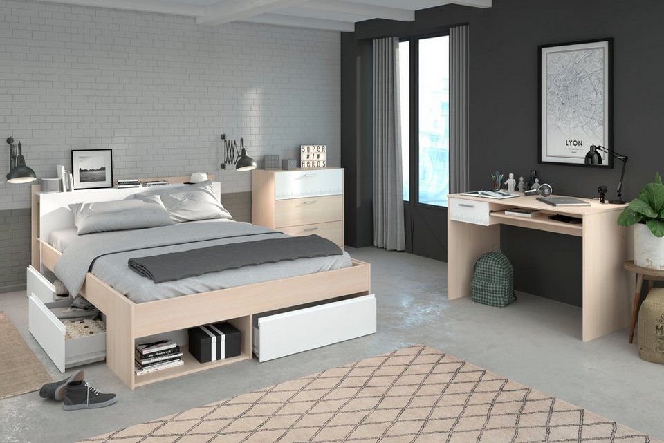 Parisot Jugendzimmer-Set Most, (Set, 3-St., Bett mit Schubkästen,  Schreibtisch und Schubkastenkommode), Set aus Bett mit Schubkästen,  Schreibtisch und Schubkastenkommode