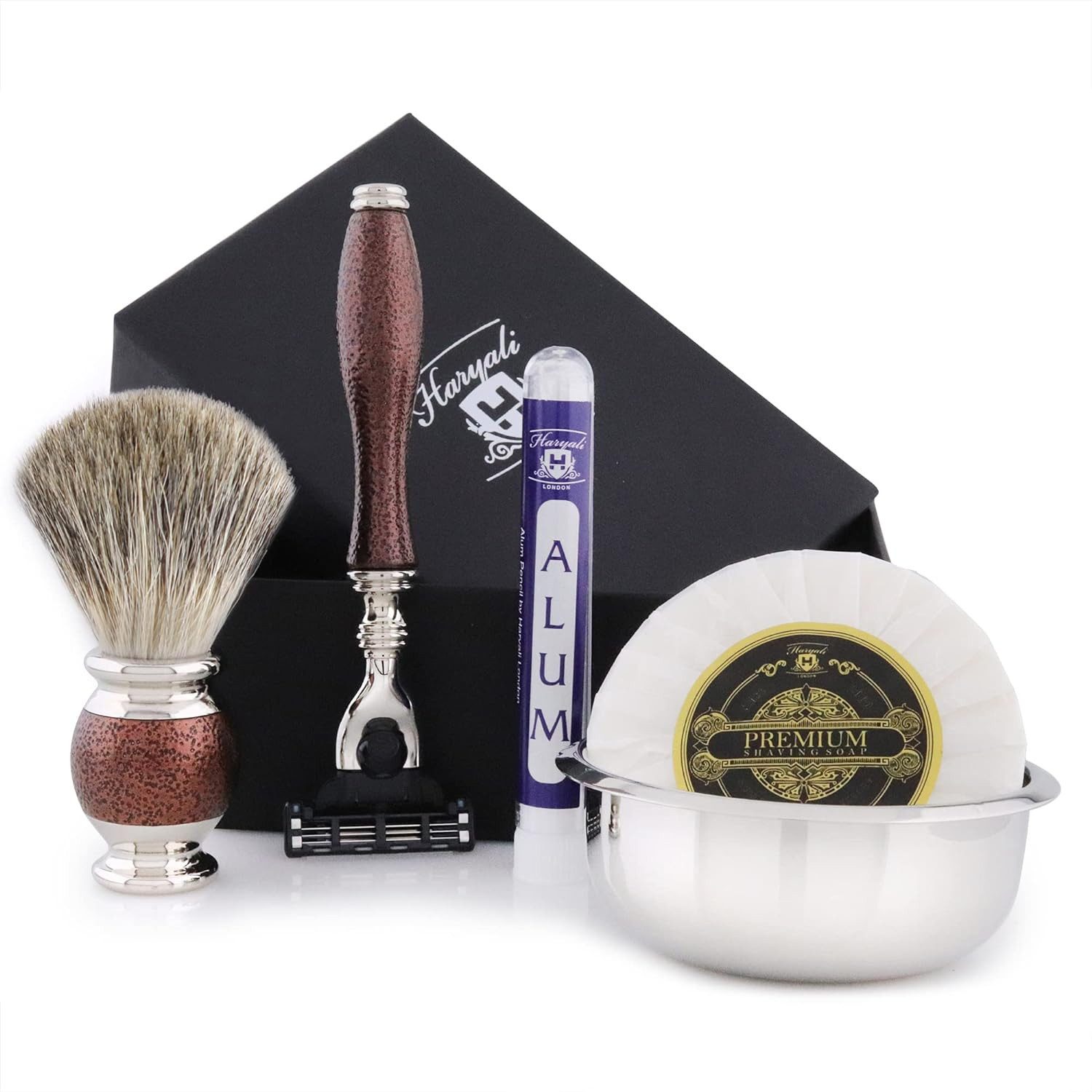 Haryali London Rasierset 5-teiliges Herren-Rasierset Vintage Series March 3 Rasierer, 5-tlg., inklusive Dachshaarpinsel, Мыло для бритьяschale und Alaunstab, edler Look, am besten für ein Rasier Geschenkset für Männer