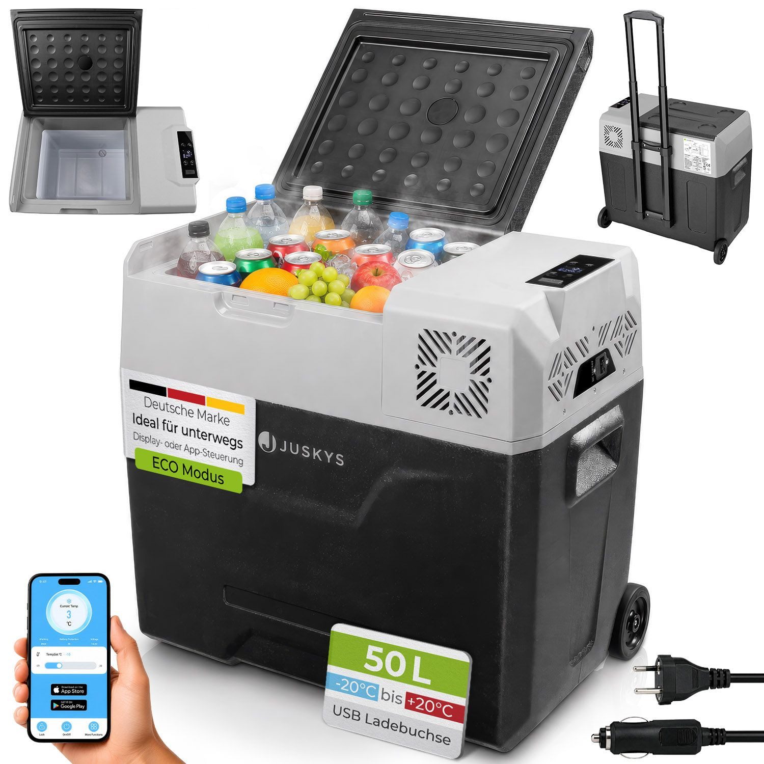 Juskys Kühlbox Yukon, 50 l, mit ECO-Modus, Rollen und Teleskopgriff, starker Kompressor