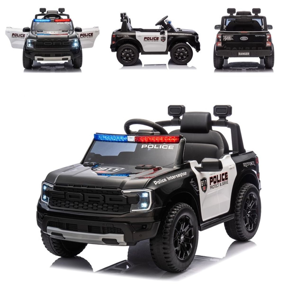 Chipolino Elektro-Kinderauto Ford Police, Belastbarkeit 30 kg, Bluetooth, Fernbedienung, MP3-Player, USB-TF-Steckplatz, 2 Türen
