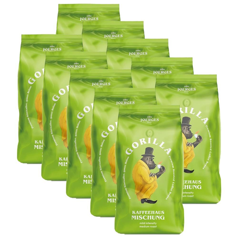Gorilla Kaffee Joerges Kaffeehaus ganze Kaffeebohnen geröstet, 10 x 1000 g, Besonders milder Geschmack