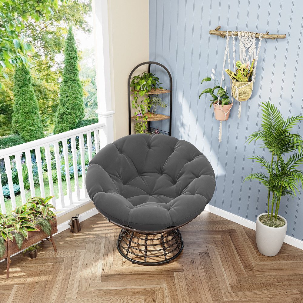 BBG Gartensessel Papasan Sessel mit 360° Drehfunktion, ergonomischer (Rattan Lounge Sessel mit extra dickem Kissen,Indoor Outdoor Drehsessel), bequemer Lesesessel für Wohnzimmer & Balkon
