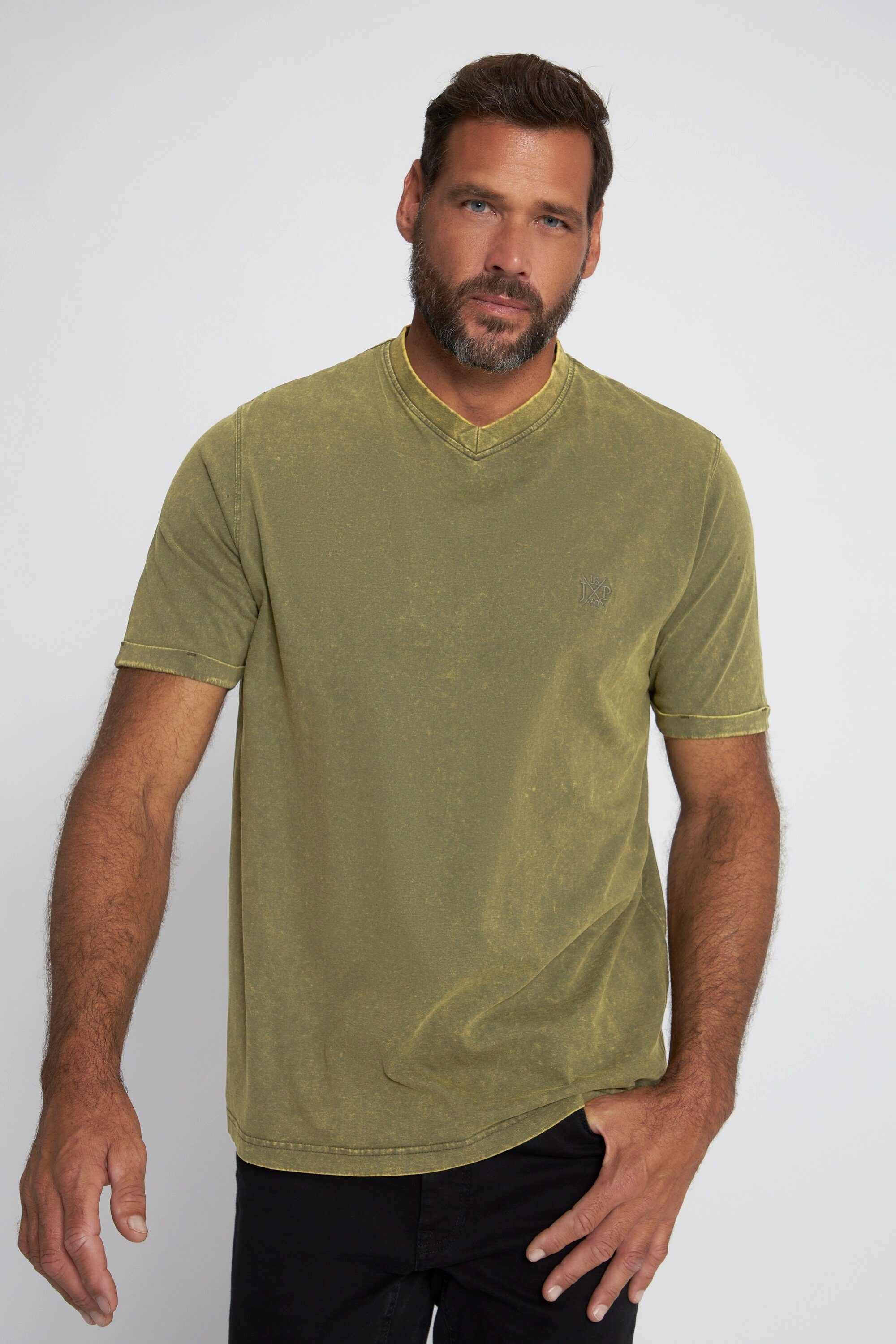JP1880 T-Shirt T-Shirt Halbarm acid washed V-Ausschnitt tannengrün